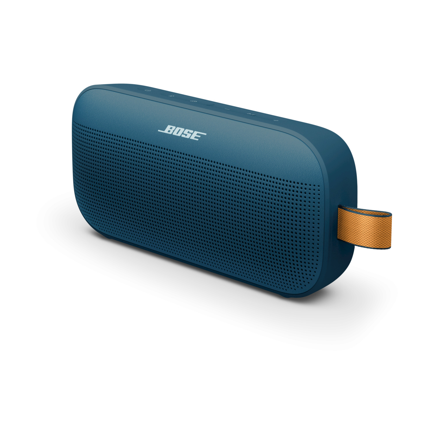 Un altoparlante portatile Bose blu con cinturino arancione. L'altoparlante è su sfondo bianco.