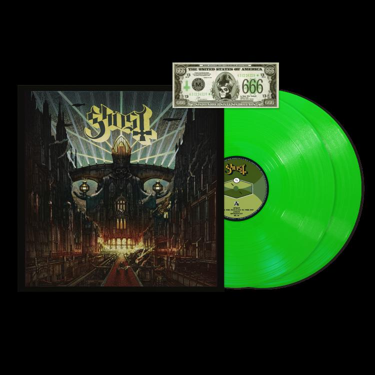 Ein Albumcover mit einem Totenkopf, einer grünen Schallplatte und einem Dollarschein mit der Zahl 666. Das Album heißt Ghost.