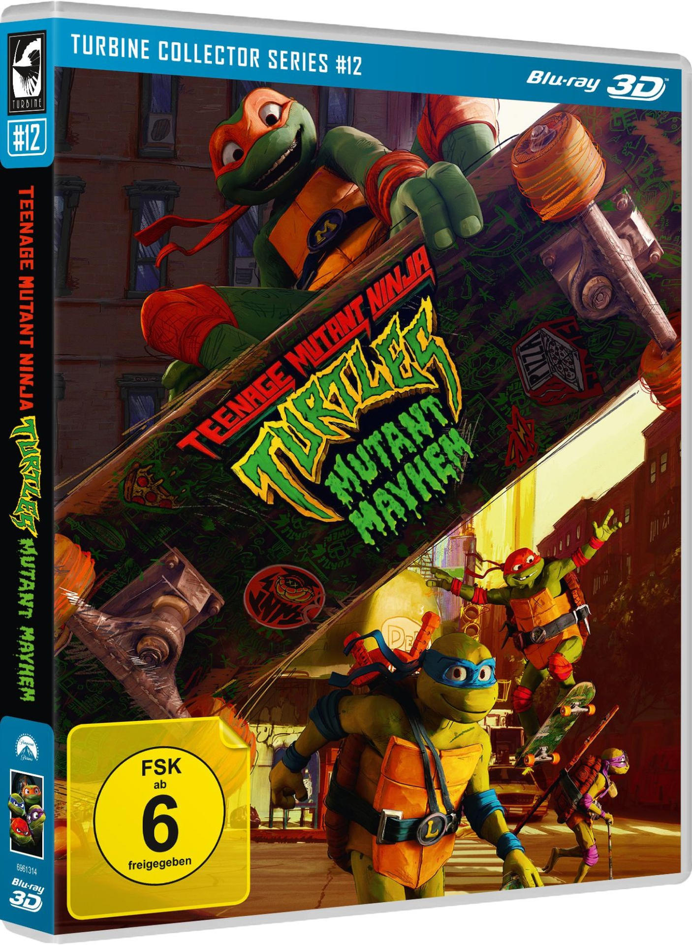 Blu-ray-Cover von Teenage Mutant Ninja Turtles. Schildkröten auf Skateboards, helle Farben und Stadtbild im Hintergrund.