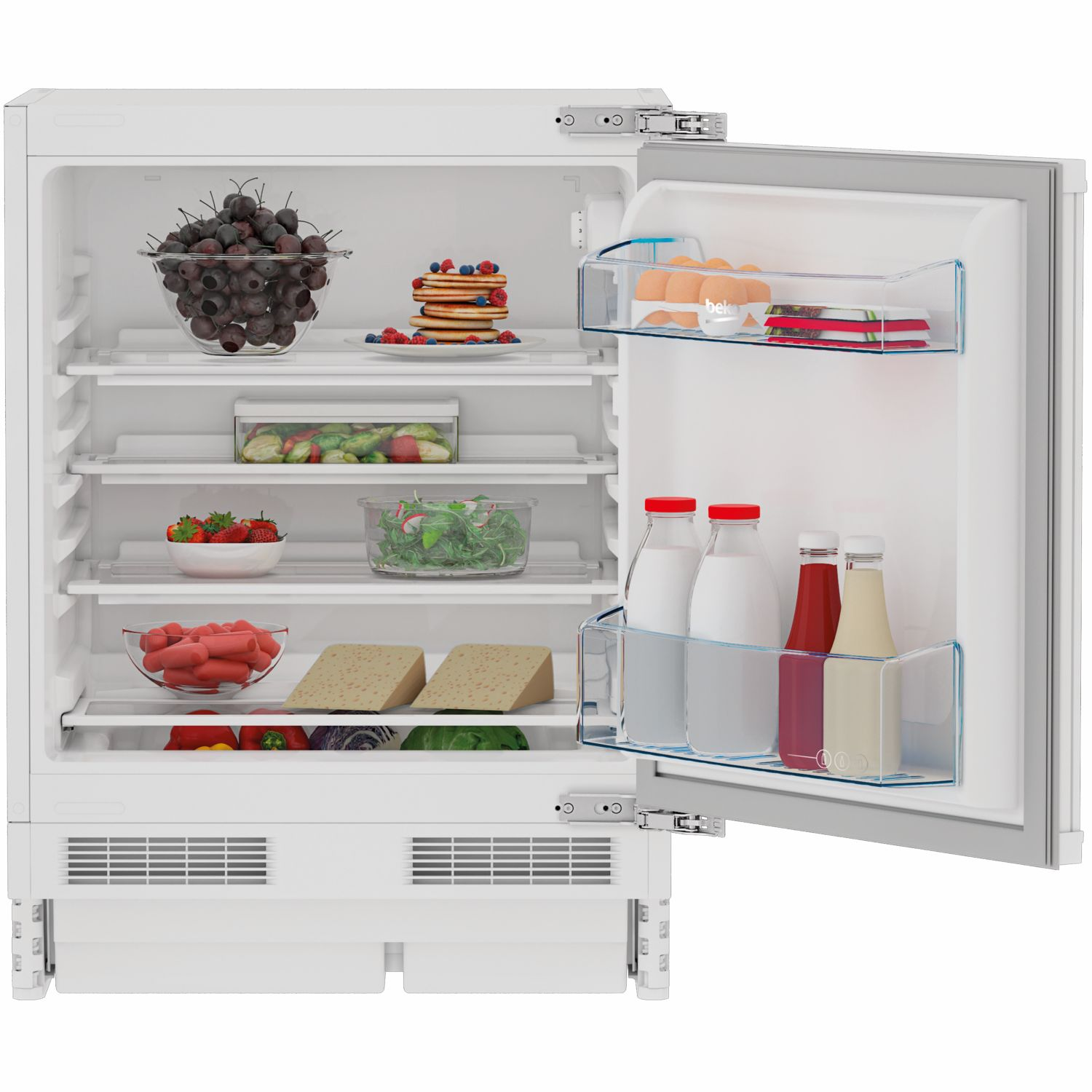 Nevera abierta con varias comidas: cerezas, panqueques, ensalada, fresas, queso, leche, ketchup y huevos.