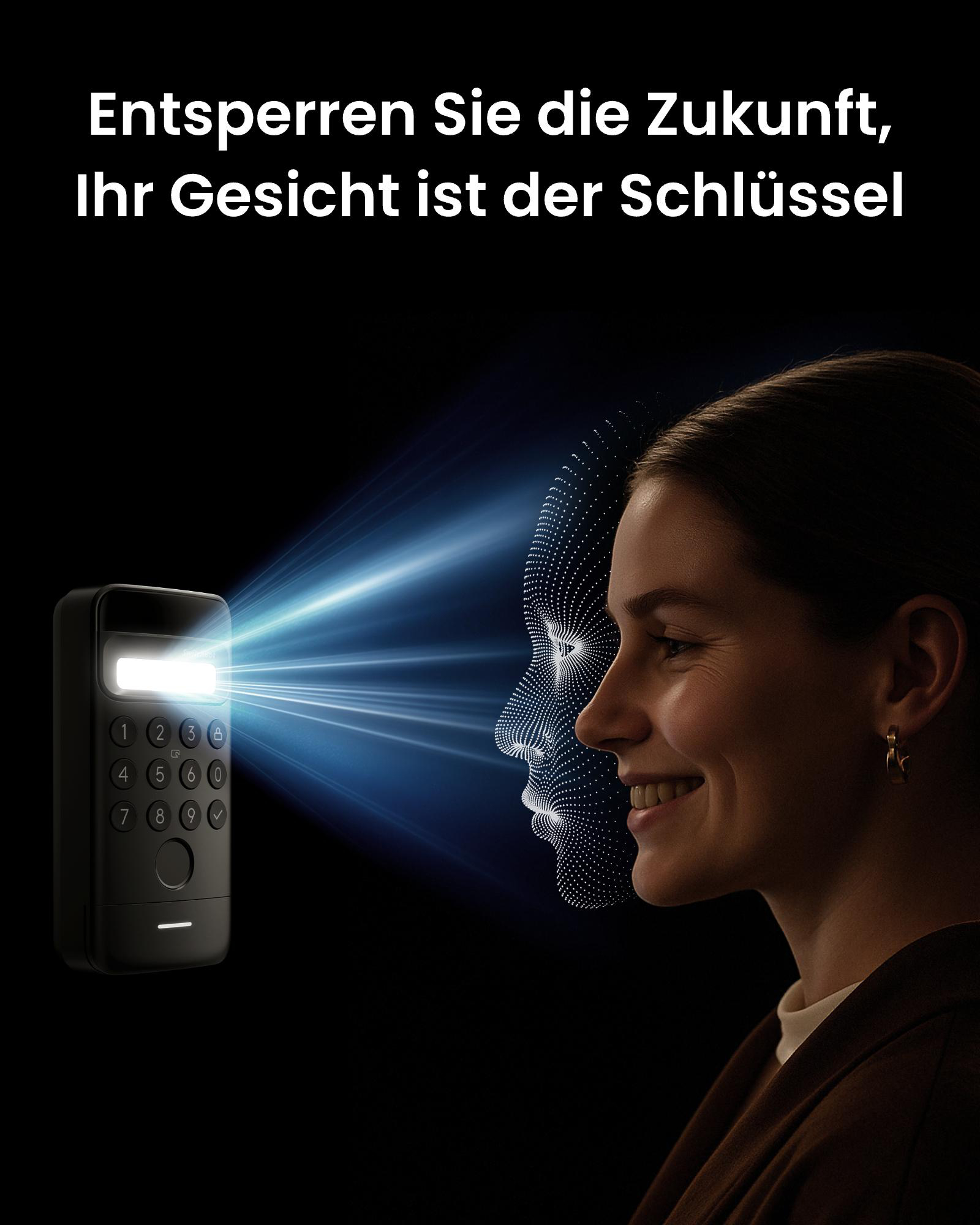 Eine Frau lächelt neben einem Gerät mit digitalem Gesichtsscan. Der Text lautet: Entsperren Sie die Zukunft, Ihr Gesicht ist der Schlüssel.