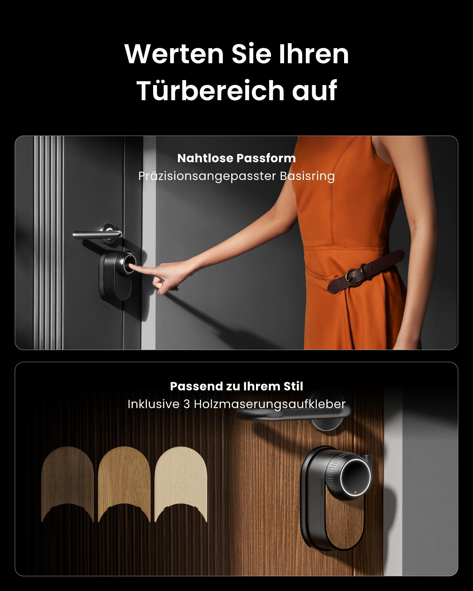Eine Frau berührt ein Smart Lock an einer grauen Tür. Das Bild zeigt auch Holzmaserungsaufkleber und Text auf Deutsch.
