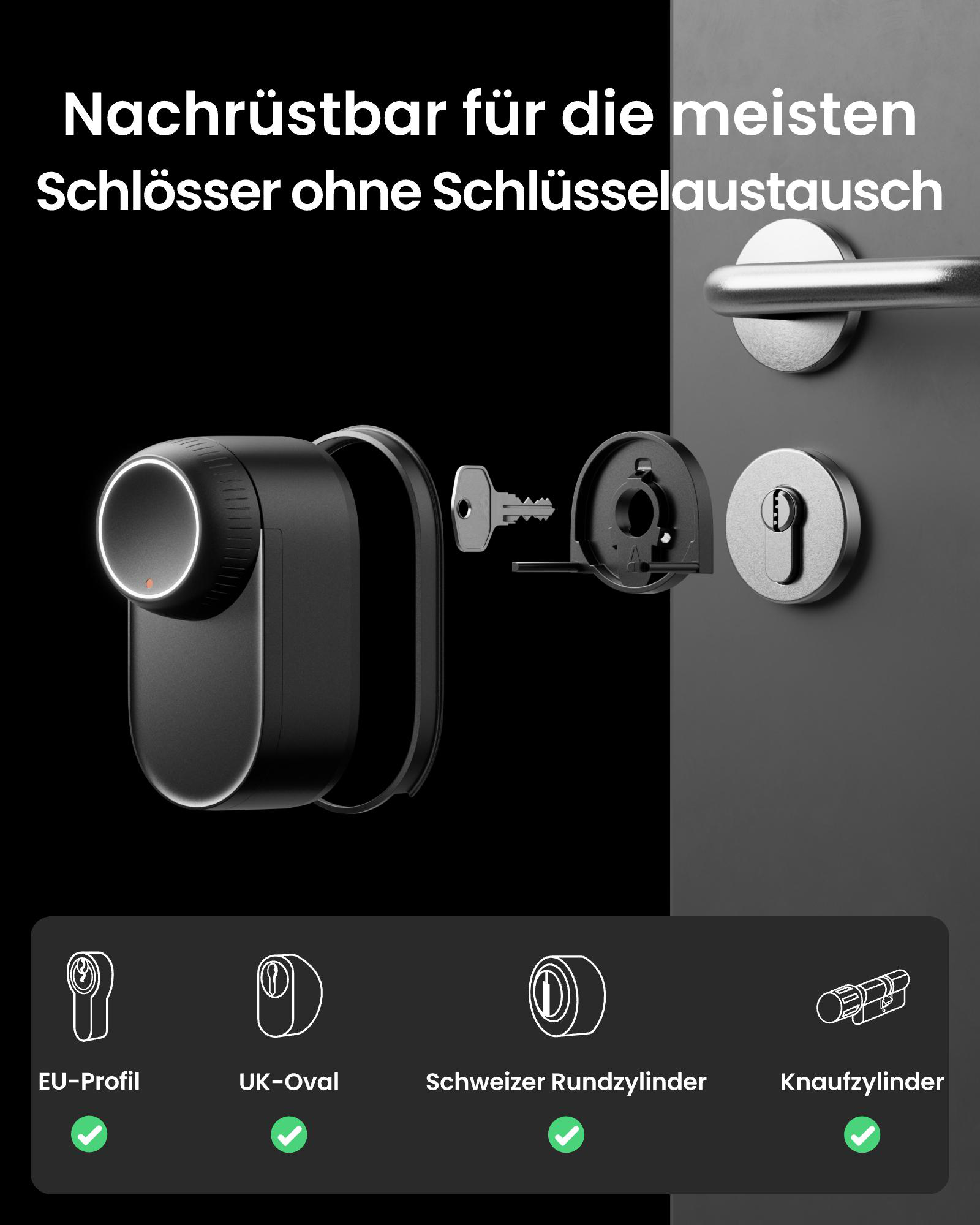 Das Bild zeigt ein schwarzes Smart Lock, einen Schlüssel und Schlosskomponenten. Text weist auf Kompatibilität hin.