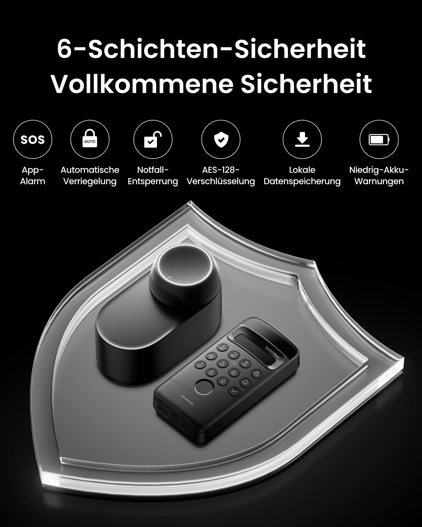Ein schwarzes Schloss und eine Tastatur auf einer durchsichtigen schildförmigen Basis. Text oben: '6-Schichten-Sicherheit, Vollkommene Sicherheit'.