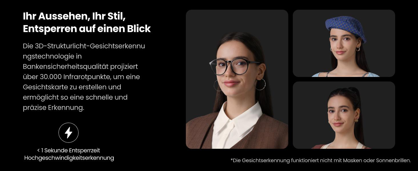 Das Bild zeigt eine Frau mit Brille. Der Text beschreibt die Gesichtserkennungstechnologie zum Entsperren von Geräten. Weitere Porträts werden gezeigt.