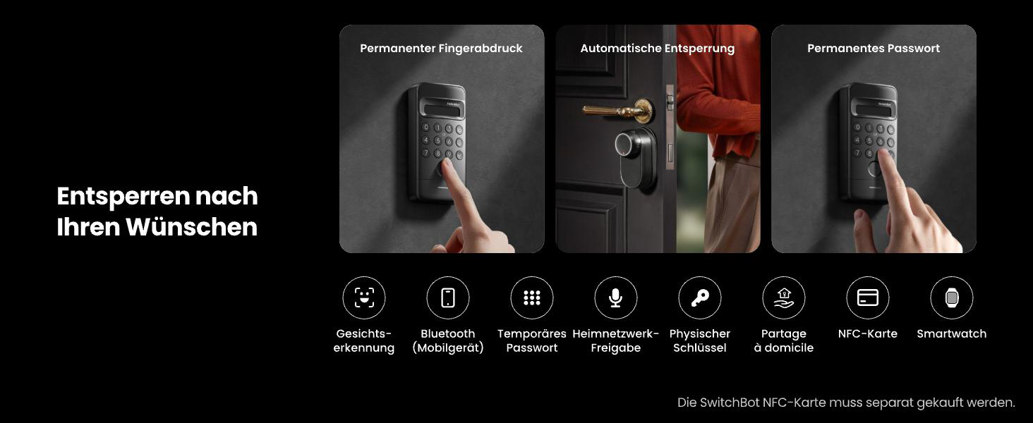 Das Bild zeigt Türöffnungsarten: Fingerabdruck, automatisches Entsperren und permanentes Passwort. Außerdem Gesichtserkennung.
