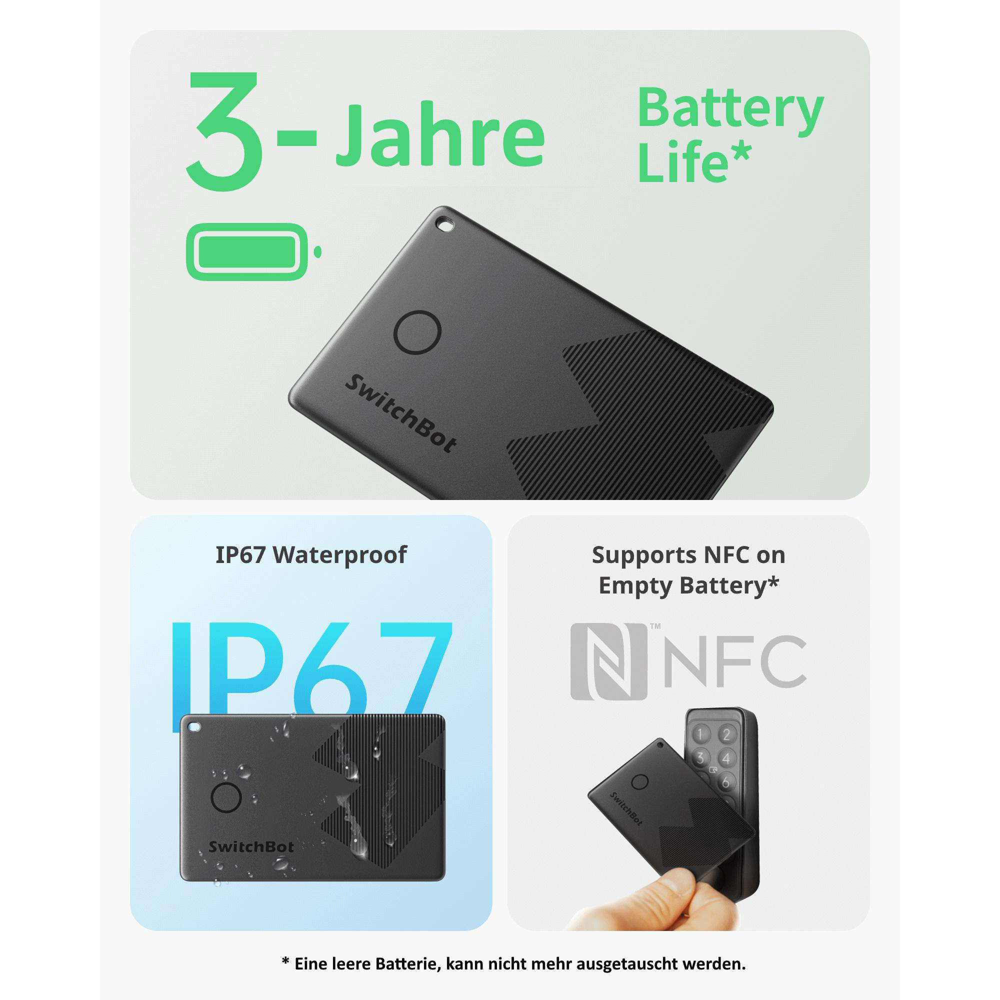 Werbebild für ein SwitchBot-Gerät, das Funktionen wie 3 Jahre Akkulaufzeit, IP67 Wasserdichtigkeit und NFC-Unterstützung hervorhebt.