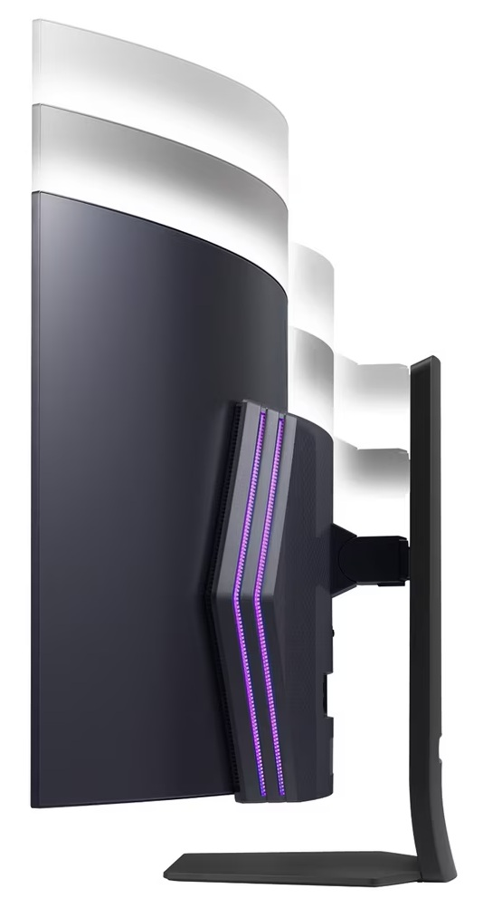 Czarny zakrzywiony monitor komputera, widok z boku. Ma podstawkę i tył z pionowymi fioletowymi światłami. Białe tło.