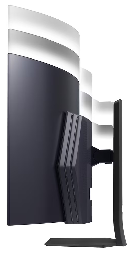 Widok z boku zakrzywionego monitora. Monitor jest czarny, z czarną podstawą. Na górze znajdują się białe zakrzywione światła.