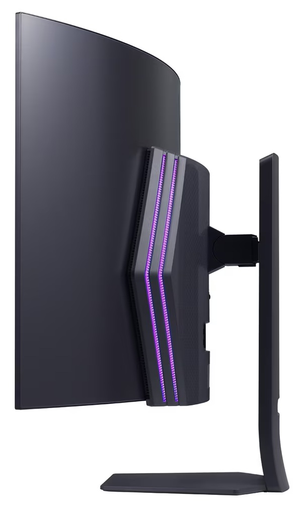Widok z boku zakrzywionego czarnego monitora. Fioletowe światła biegną pionowo wzdłuż tyłu. Czarny stojak podtrzymuje monitor.