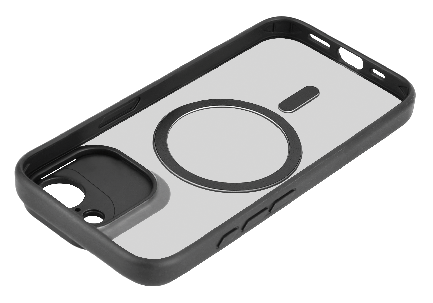 Eine schwarze Handyhülle mit durchsichtigem Rücken. Sie hat einen kreisförmigen MagSafe-Ring und einen schwarzen Kameraausschnitt.