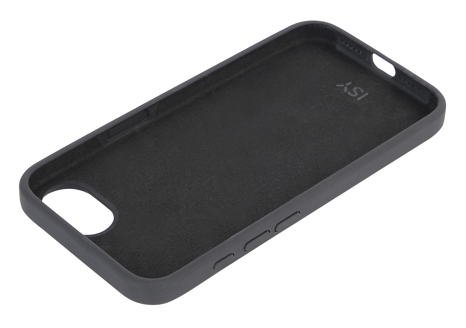 Ein schwarzes Handycase ist angewinkelt. Es hat Aussparungen für Tasten, Kamera und Anschlüsse. Die Innenseite ist strukturiert, und die Marke 'ISY' ist sichtbar.