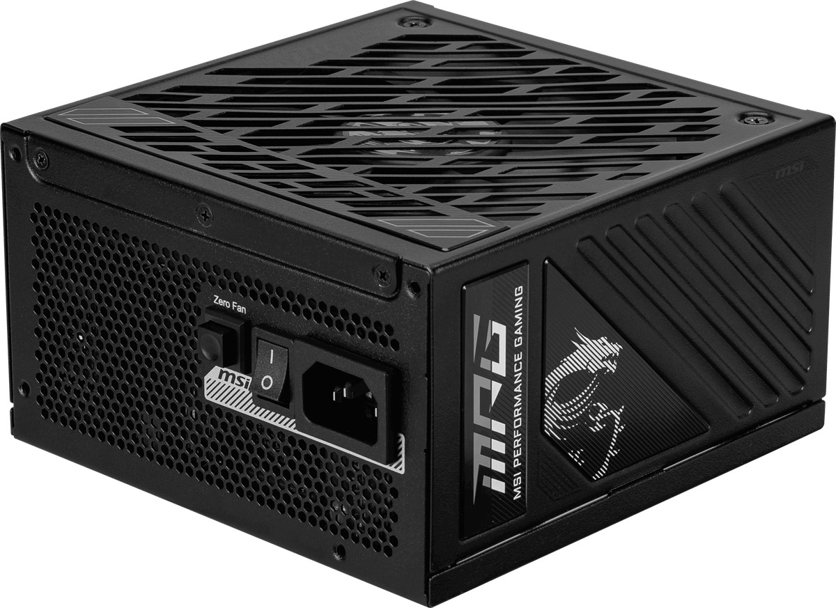 Siyah bir MSI güç kaynağı. Sıfır Fan anahtarı, güç girişi ve ejderha logolu MSI Performance Gaming logosu bulunur.