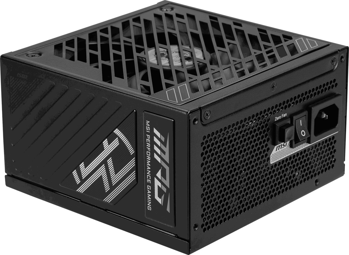 Siyah MSI güç kaynağı. Fan, güç anahtarı ve Zero Fan anahtarı var. MSI logosu görünür.