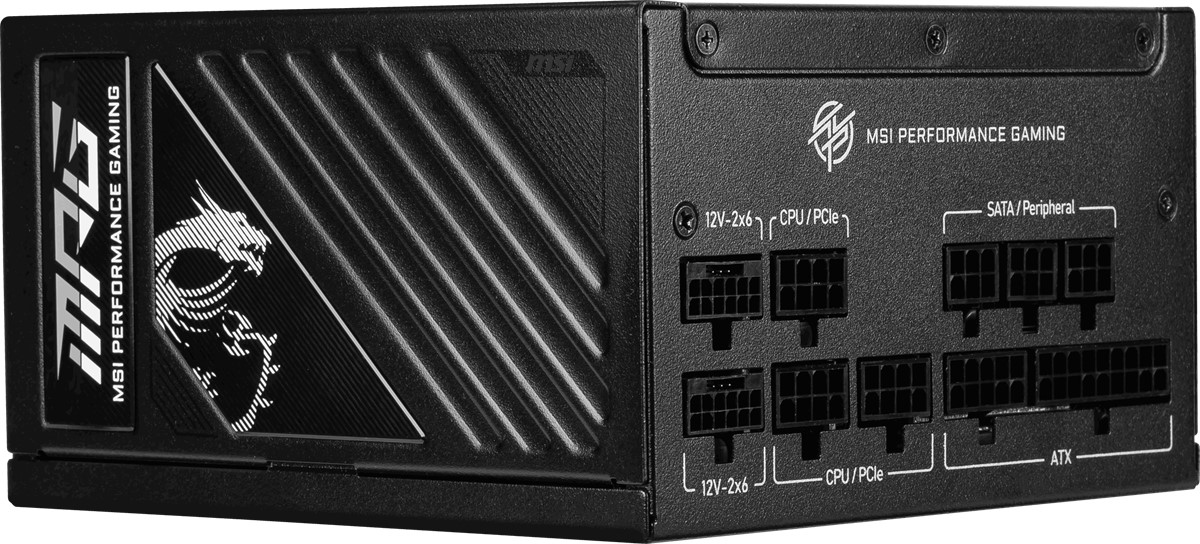 Siyah bir MSI güç kaynağı. Çeşitli bağlantı noktaları, MSI logosu ve güç konektörlerini gösteren metin içerir.