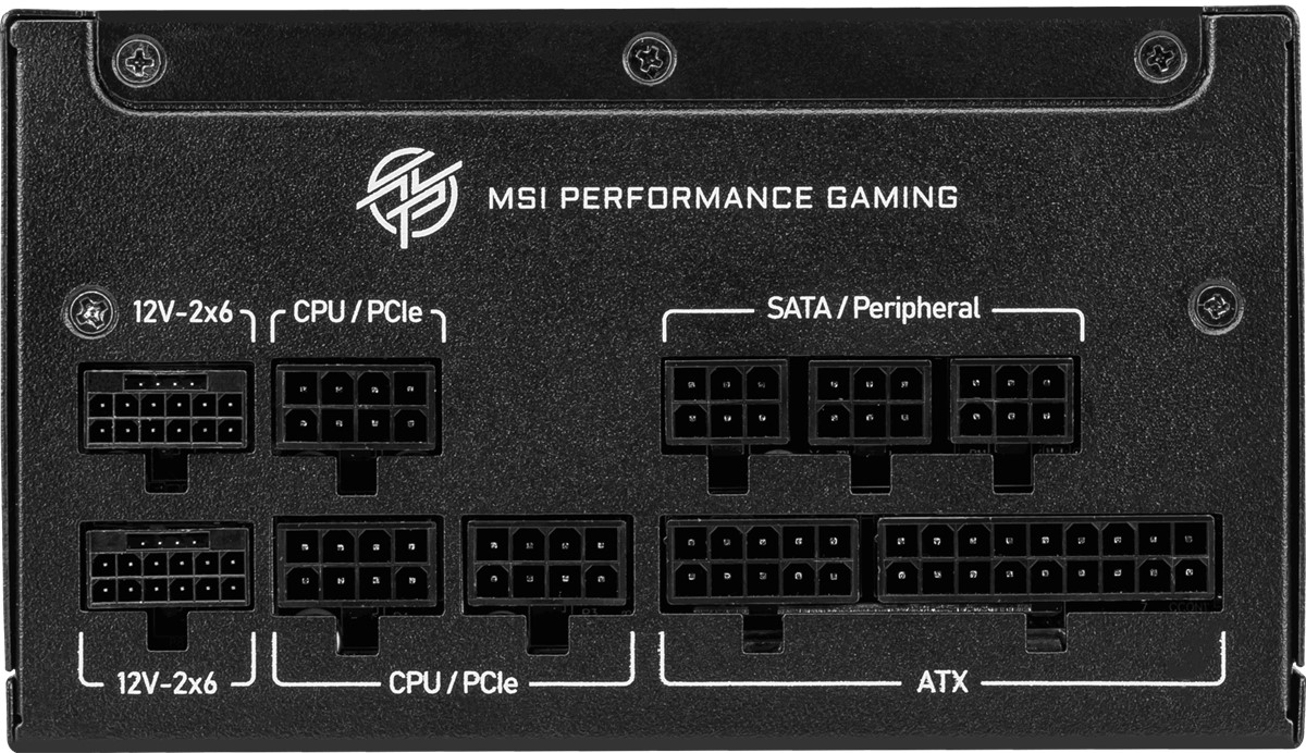 Çeşitli etiketli bağlantı noktalarına sahip siyah bir bilgisayar güç kaynağı. MSI Performance Gaming logosu ve 12V-2x6, CPU/PCIe, SATA/Peripheral, ATX gibi etiketler var.