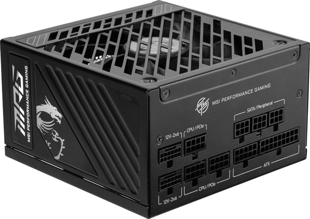 Siyah MSI güç kaynağı. Özellikler: MSI Performance Gaming logosu, çeşitli portlar ve bir fan. Açılı görünüm.