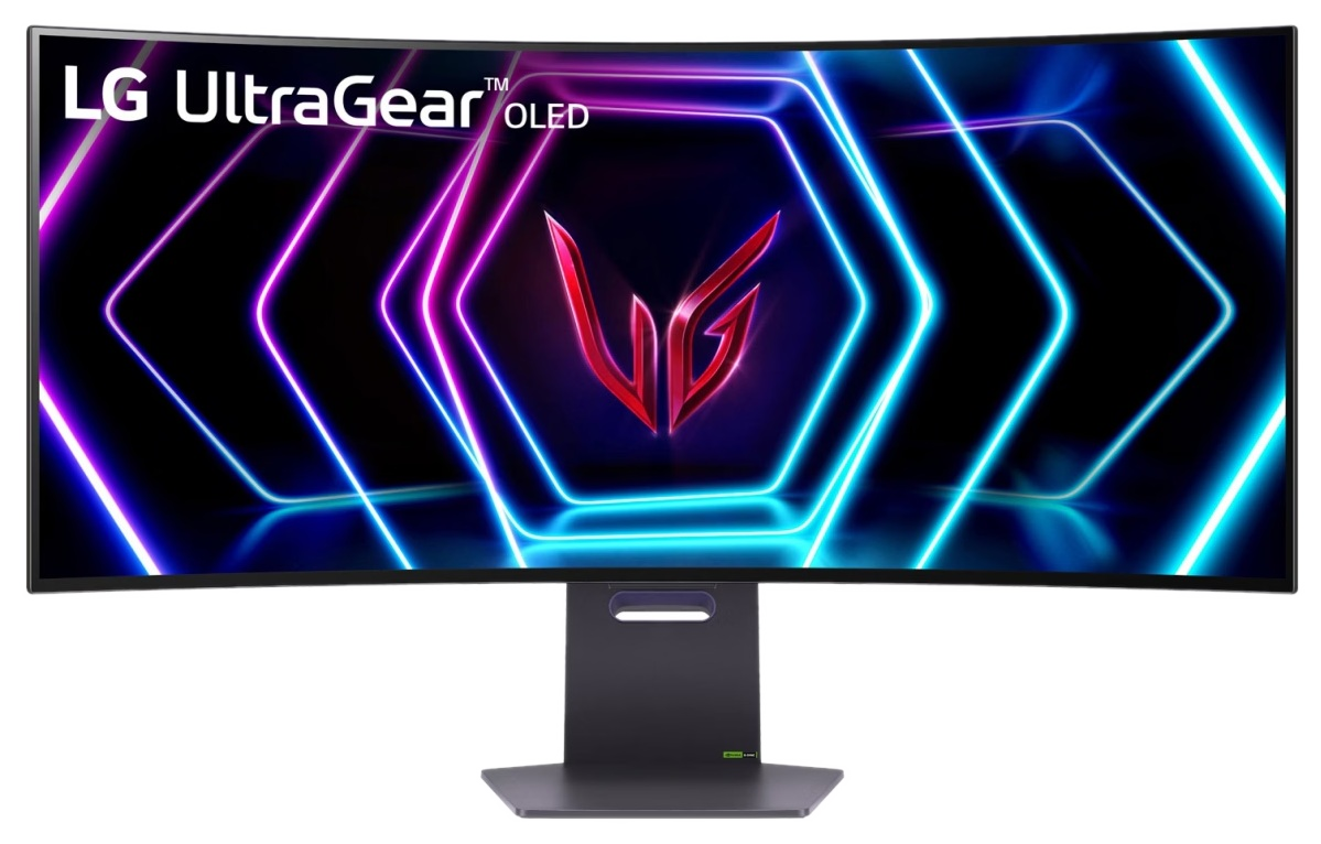 Zakrzywiony monitor LG UltraGear OLED. Posiada czarną ramkę i podstawę. Ekran wyświetla neonowe kształty geometryczne z logo LG.
