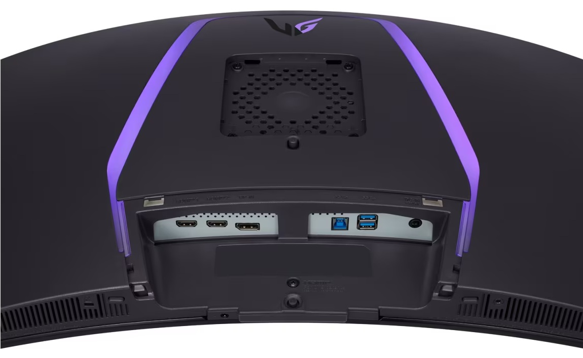 Widok z tyłu zakrzywionego monitora. Czarny z fioletowymi akcentami. Porty to HDMI, USB i audio. Widoczne logo LG.