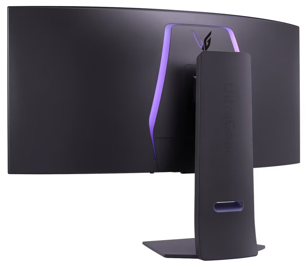 Widok z tyłu zakrzywionego czarnego monitora. Ma fioletowe akcenty i podstawkę. Widoczne jest logo Ultragear.
