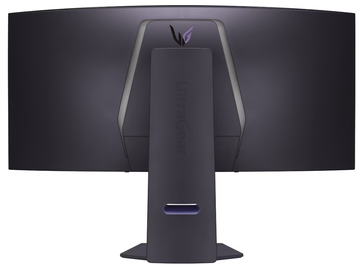 Tył zakrzywionego czarnego monitora. Stojak jest ciemny. Logo LG Ultragear na górze pośrodku.