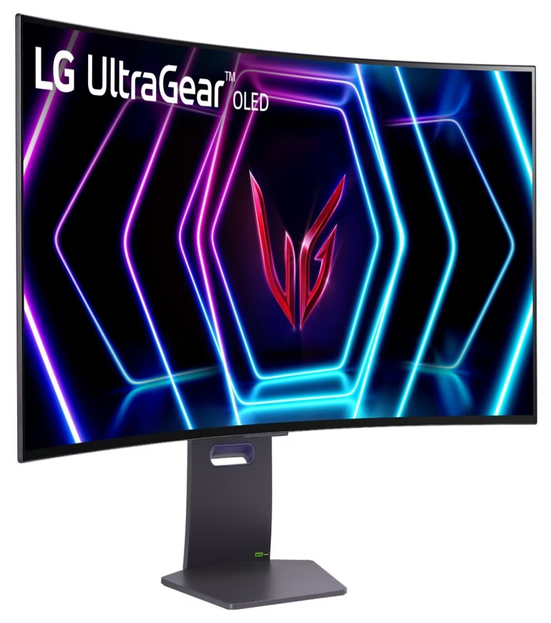 Zakrzywiony monitor LG UltraGear OLED. Ekran wyświetla neonowe sześciokąty z centralnym czerwonym logo. Stoi na ciemnoszarej podstawie.