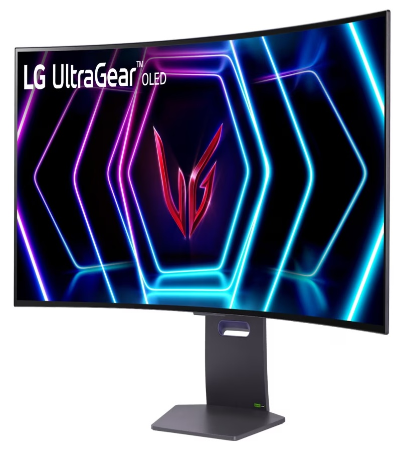 Zakrzywiony monitor LG UltraGear OLED. Ekran pokazuje neonowe kształty geometryczne. Podstawa jest ciemnoszara.