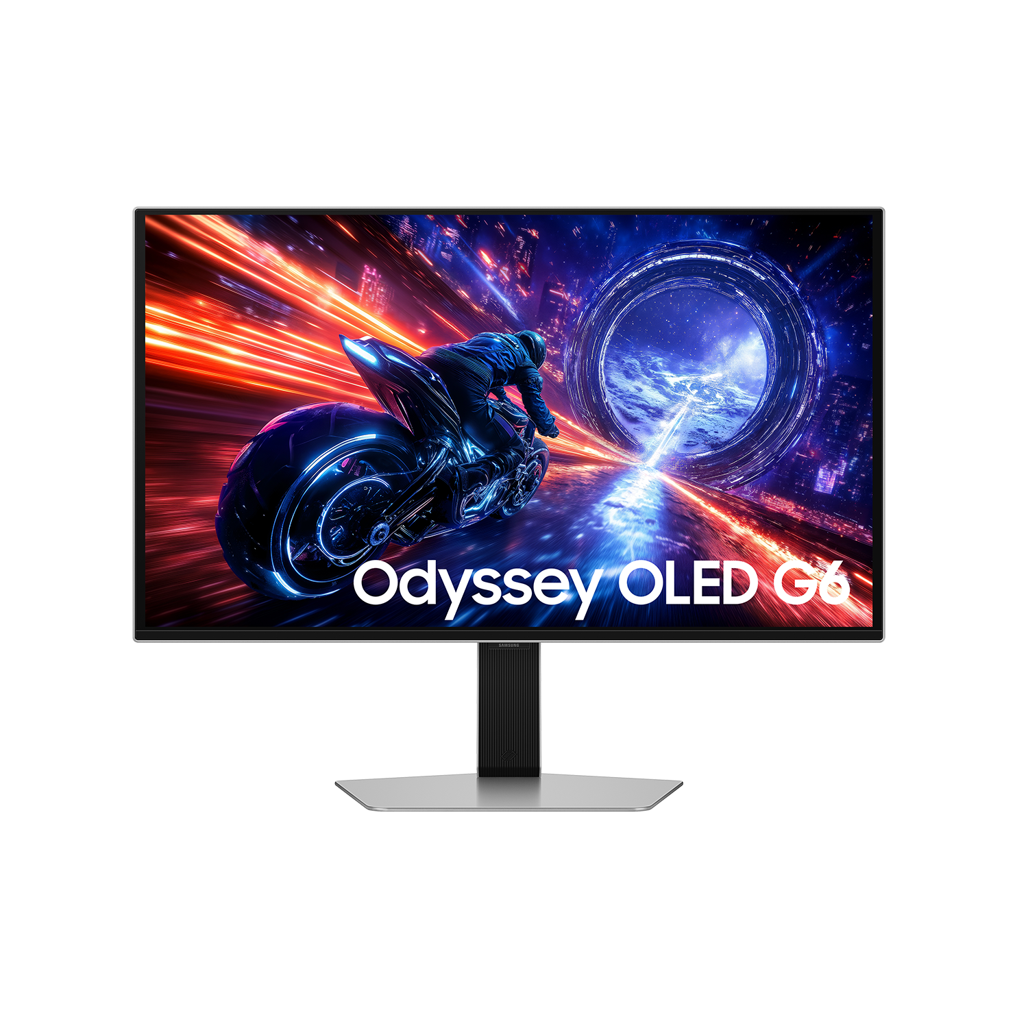 Monitor Samsung Odyssey OLED G6 wyświetla futurystyczną scenę motocyklową. Monitor jest na stojaku, z nazwą marki z przodu.
