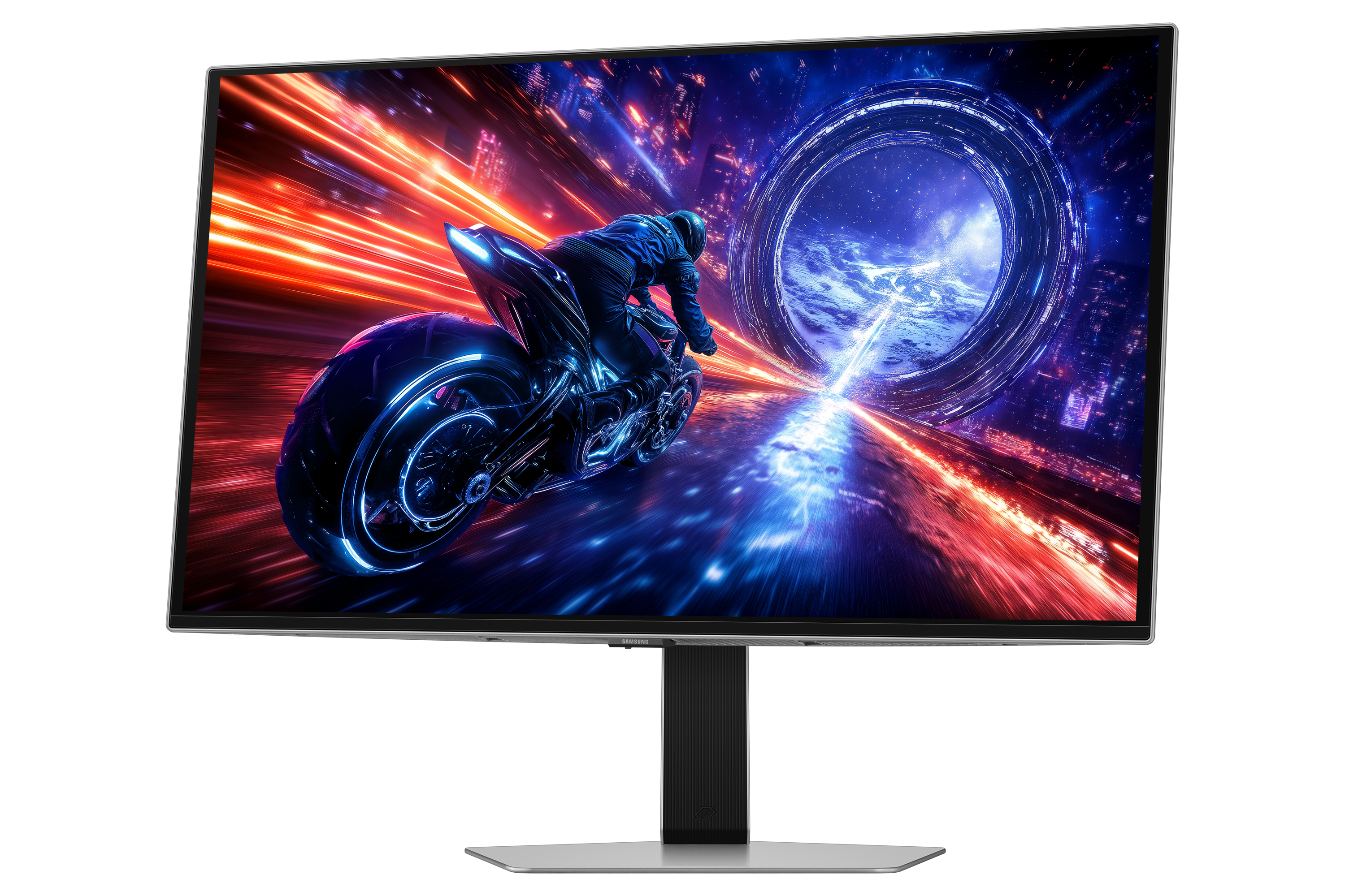 Futurystyczny motocykl pędzi przez tunel światła na monitorze. Tło przedstawia portal i światła miasta.