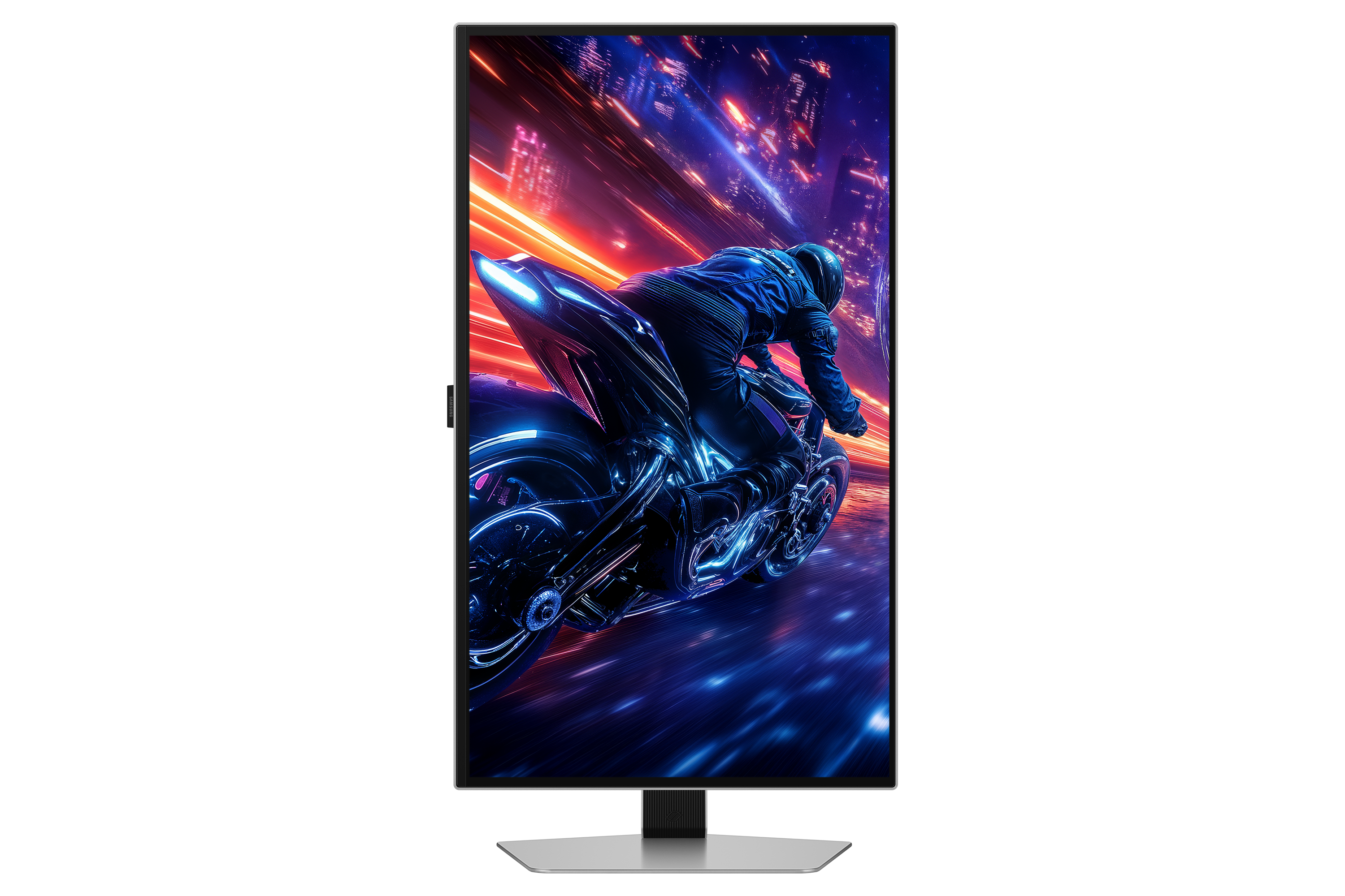 Kierowca motocyklowy w niebieskim stroju pędzi przez miasto w nocy. Ekran jest czarny wokół monitora.