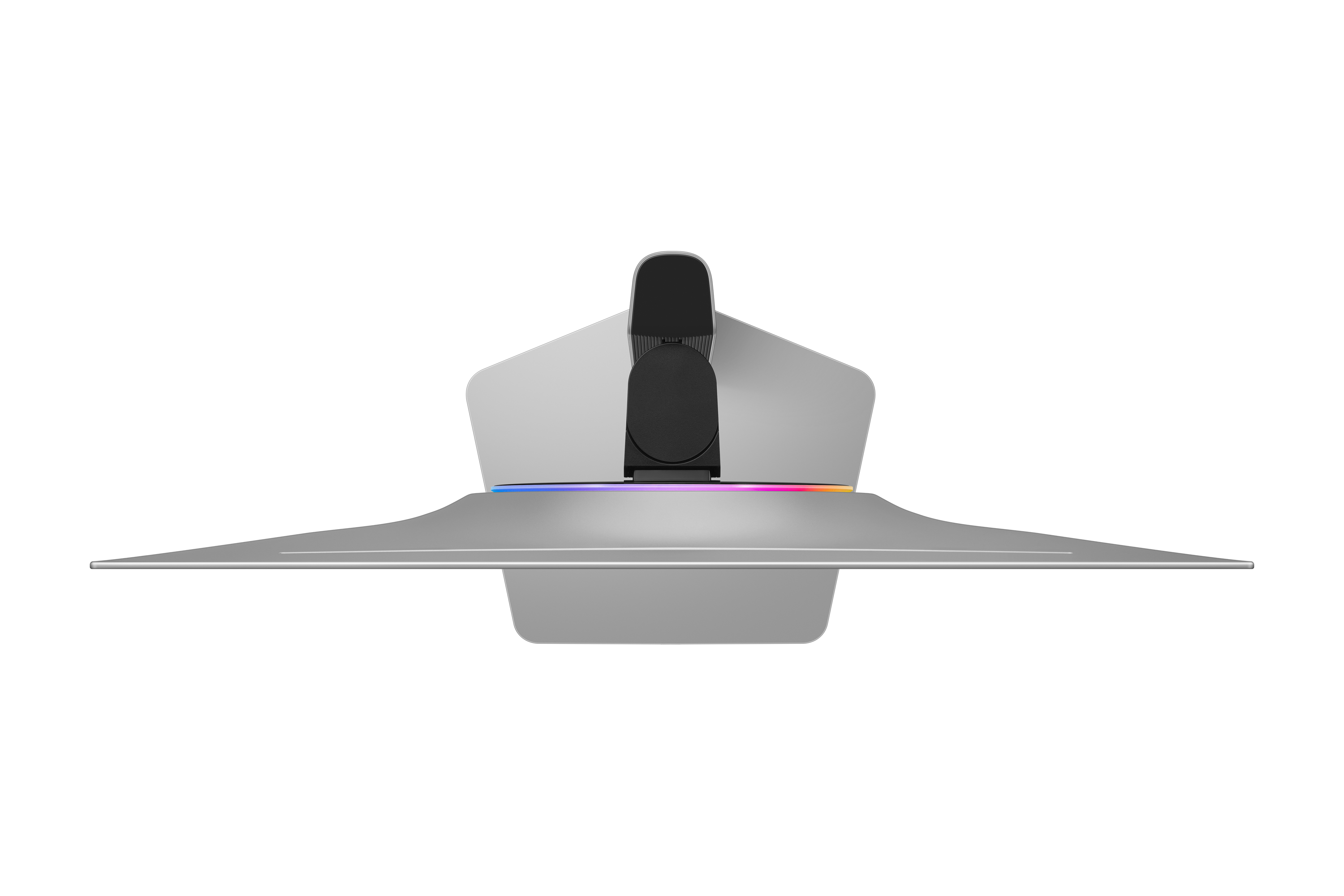 Srebrny monitor komputera, widok z góry, z czarnym stojakiem i kolorowym paskiem świetlnym.