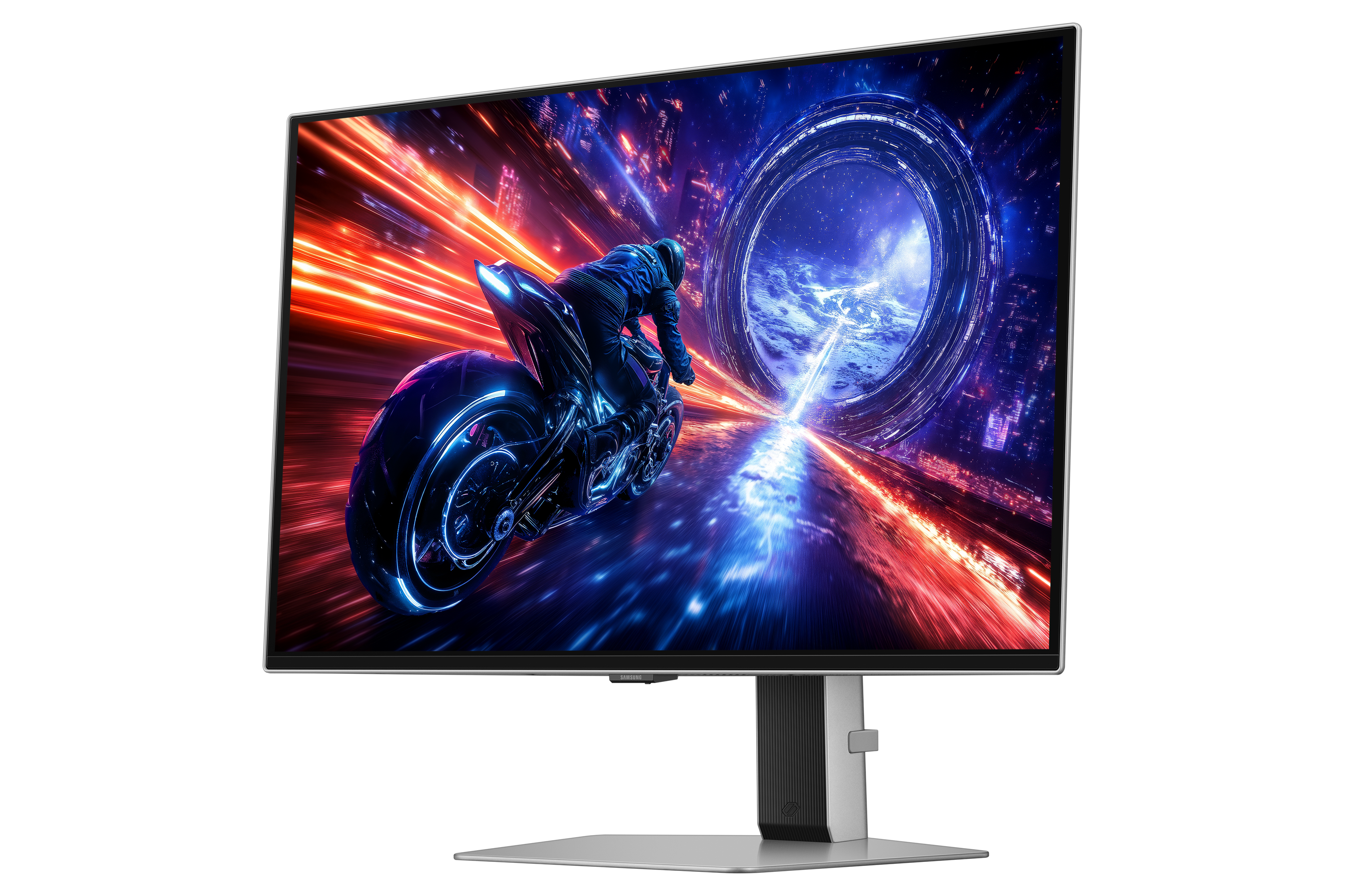 Futurystyczny motocykl na monitorze z tłem science fiction, wyświetlany na czarnym tle ze stojakiem.