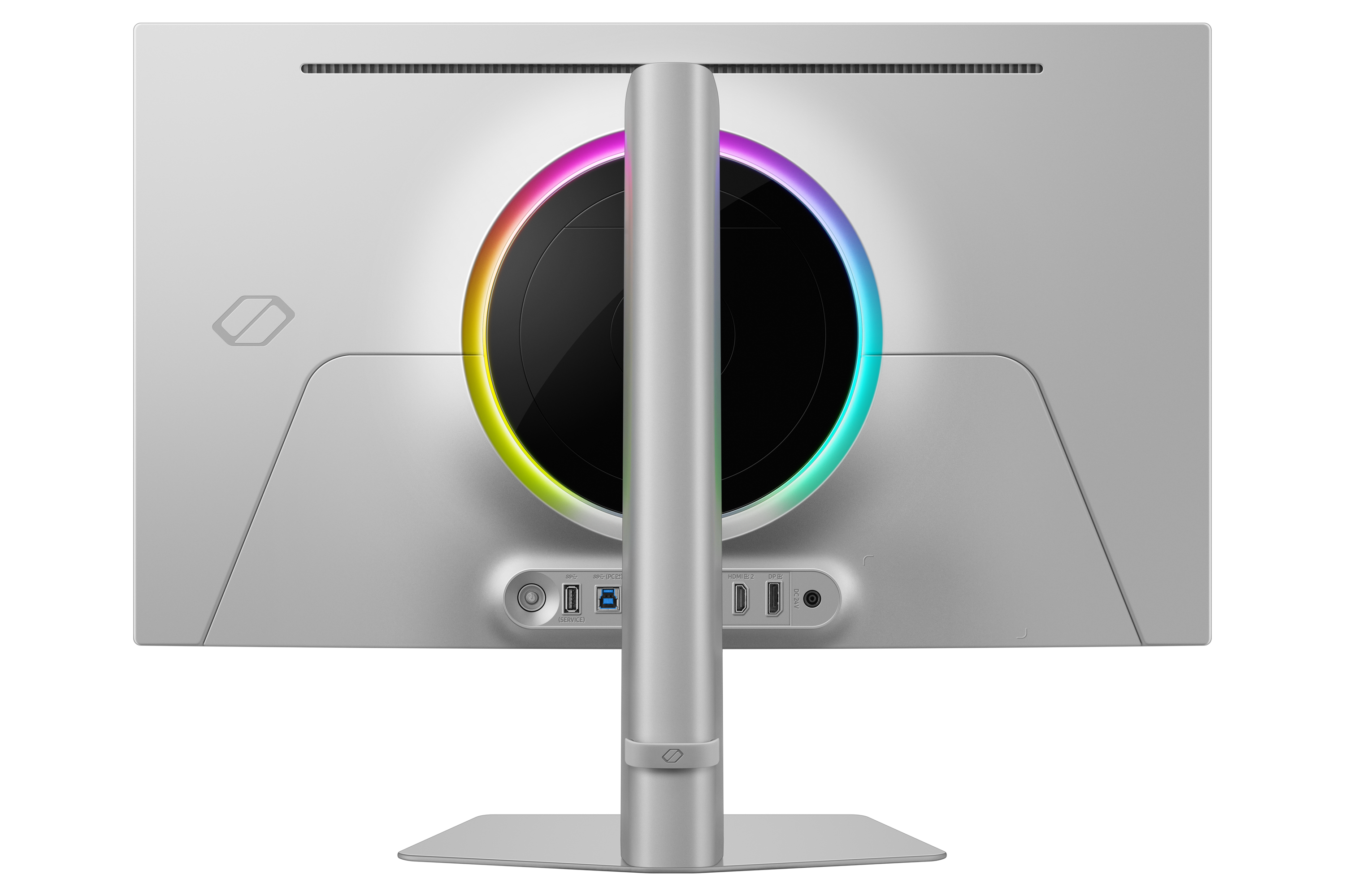 Widok z tyłu srebrnego monitora z kolorowym pierścieniem świetlnym. Porty widoczne na dole. Na czarnym tle.