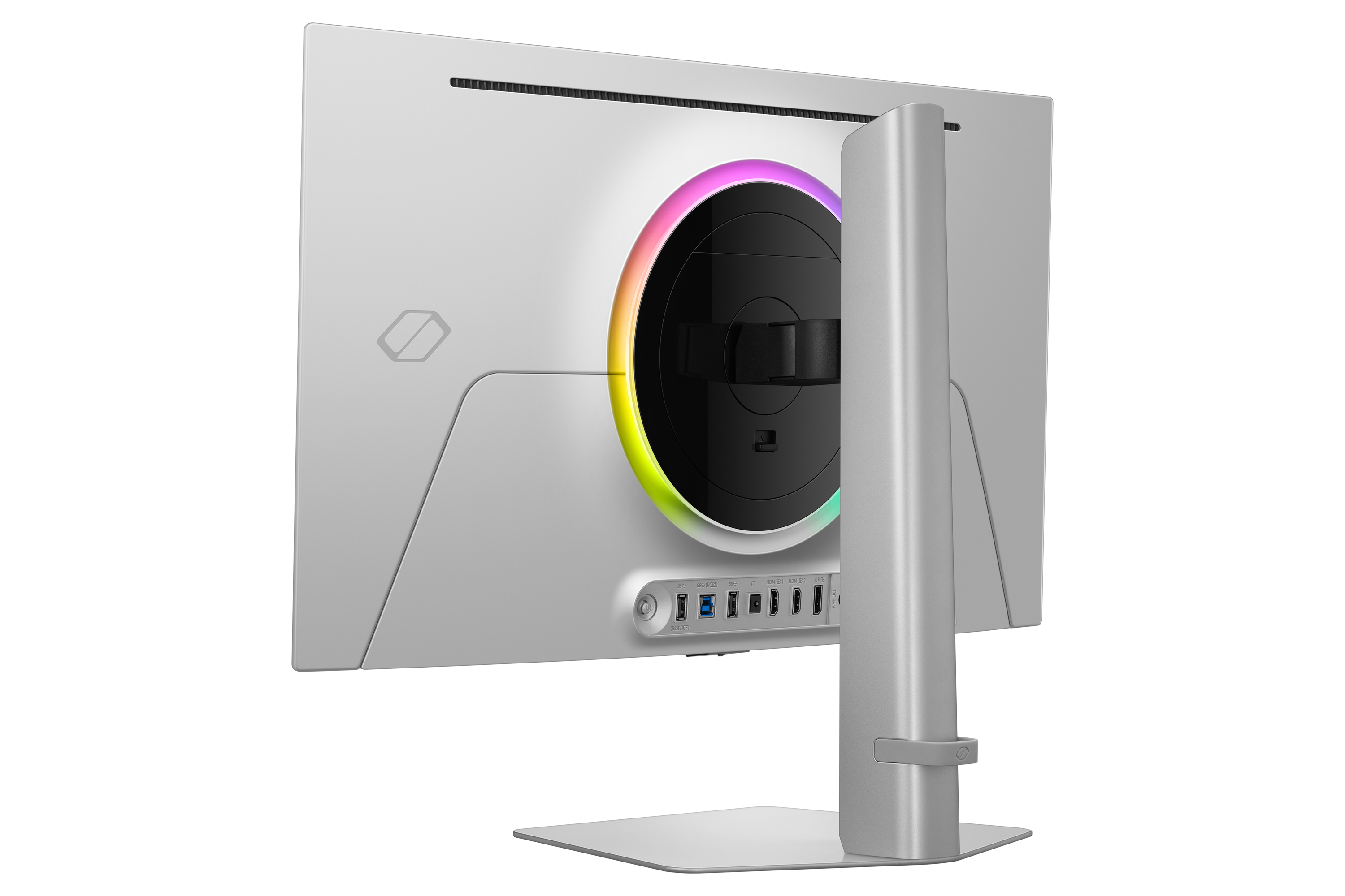 Widok z tyłu białego monitora z okrągłym wzorem podświetlanym tęczą. Posiada porty, podstawkę i czarne tło.