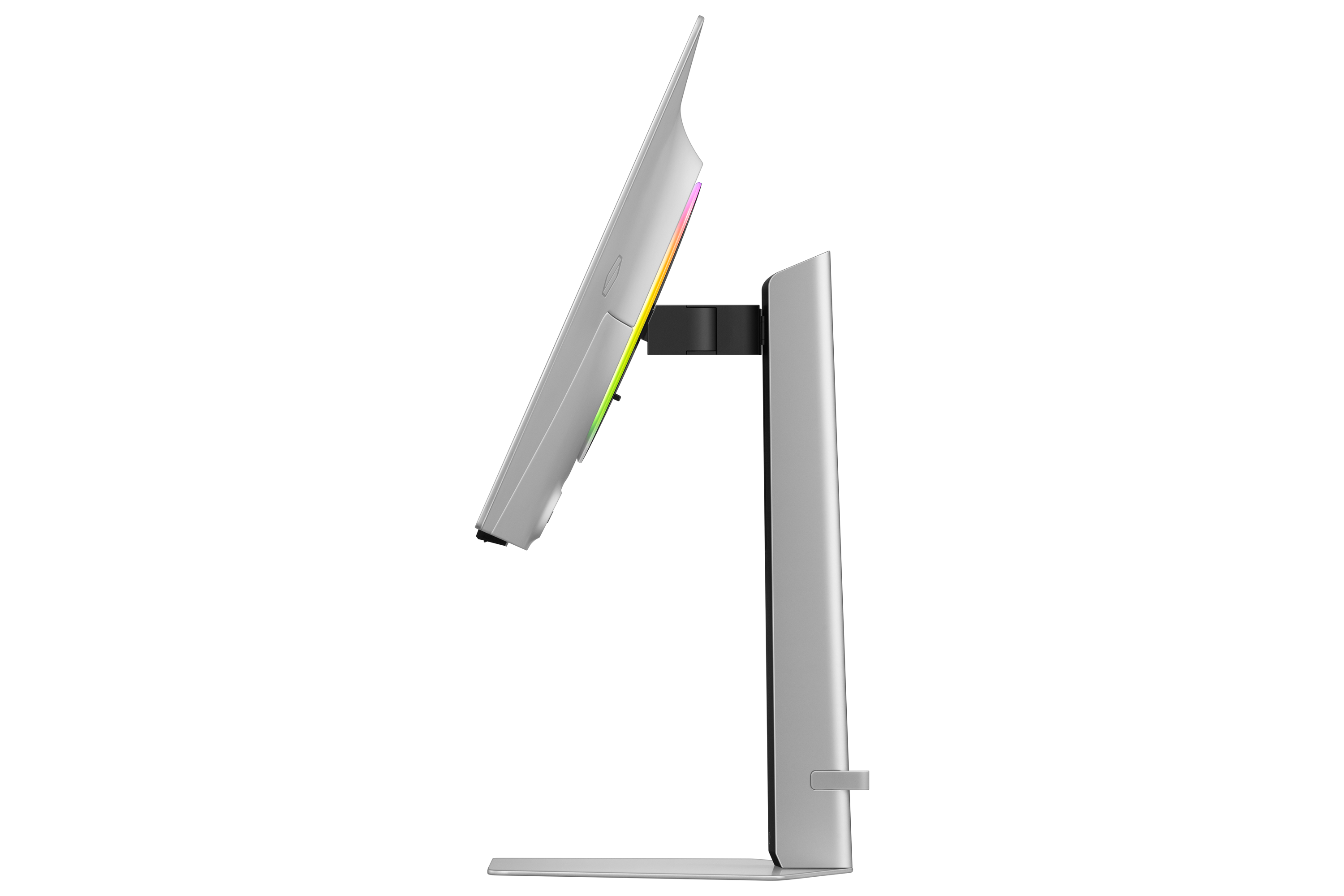 Widok z boku srebrnego monitora z czarnym stojakiem. Ekran ma tęczowe światła na krawędzi.
