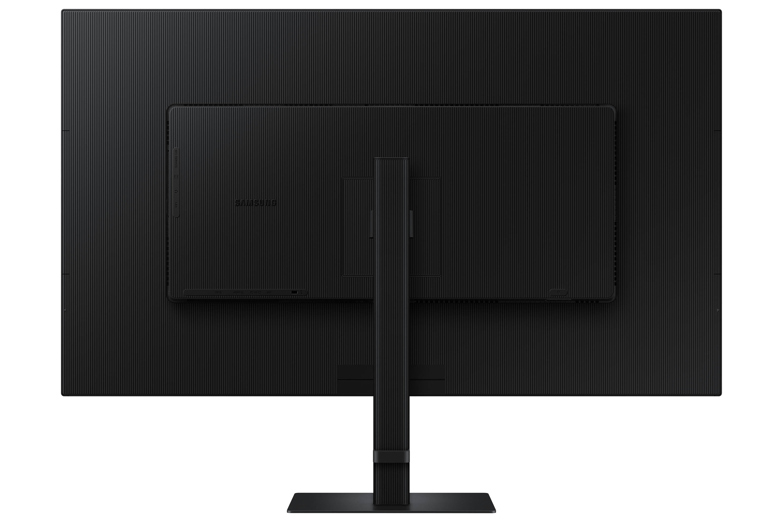 Rückansicht eines schwarzen Monitors. Er hat einen Ständer und eine strukturierte Oberfläche. Das Samsung-Logo ist sichtbar.