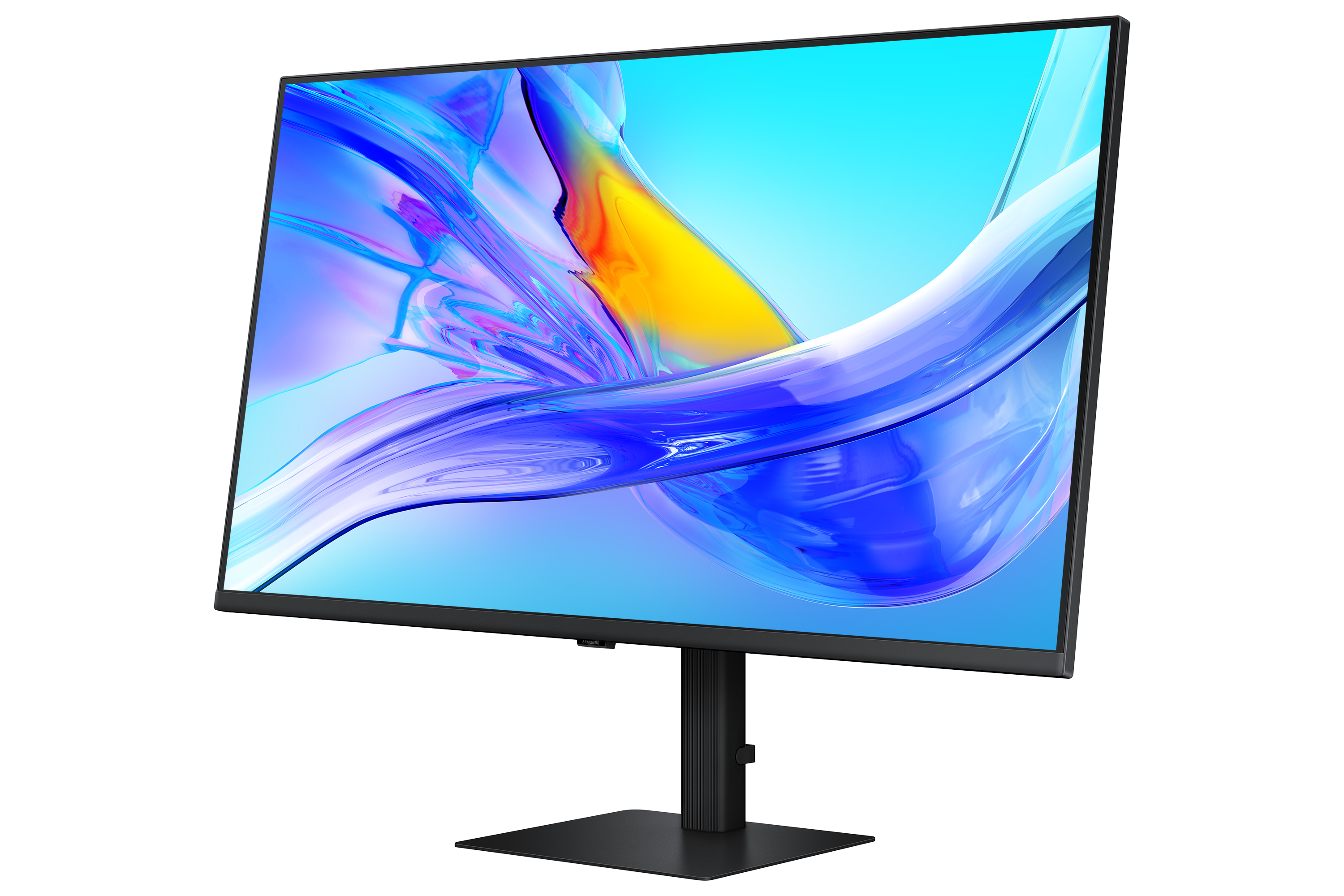 Ein schwarzer Computermonitor zeigt ein blaues, gelbes und weißes abstraktes Design. Er hat einen schwarzen Ständer und Sockel.