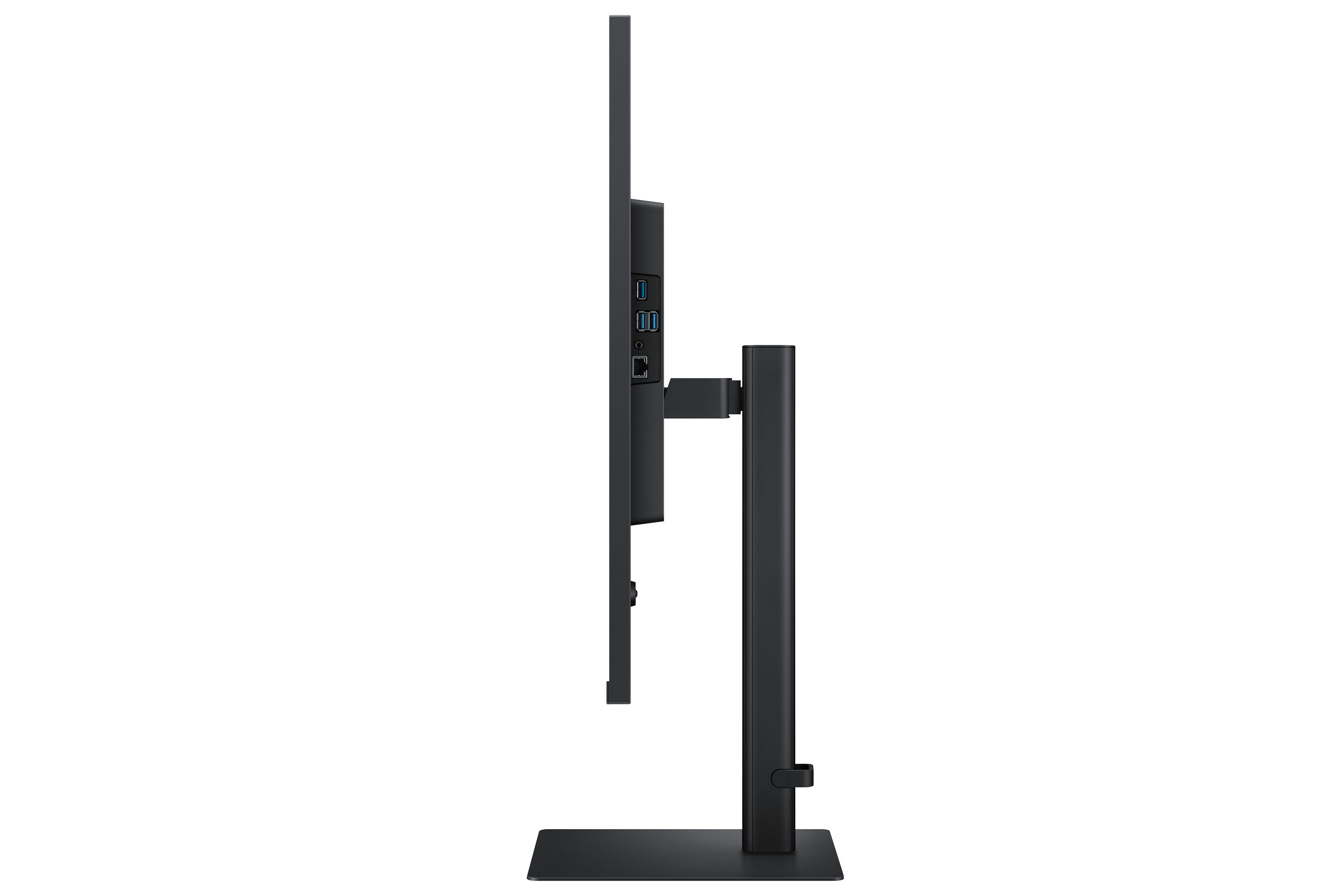 Seitenansicht eines schwarzen Computermonitors. Er hat Anschlüsse und einen Ständer.