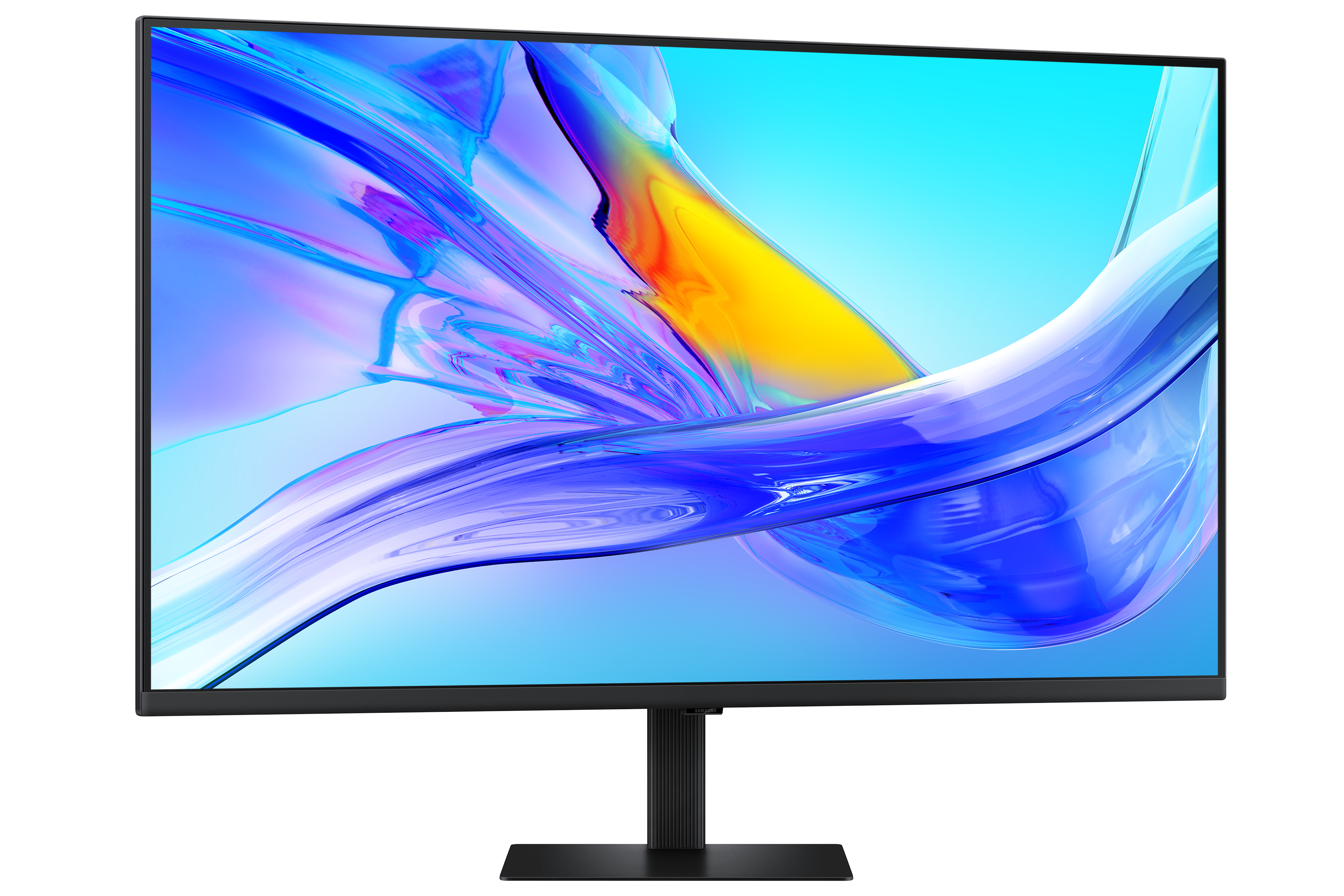 Ein schwarzer Monitor mit einem fließenden abstrakten Design in Blau und Gelb auf dem Bildschirm. Der Monitor steht auf einem schwarzen Ständer.
