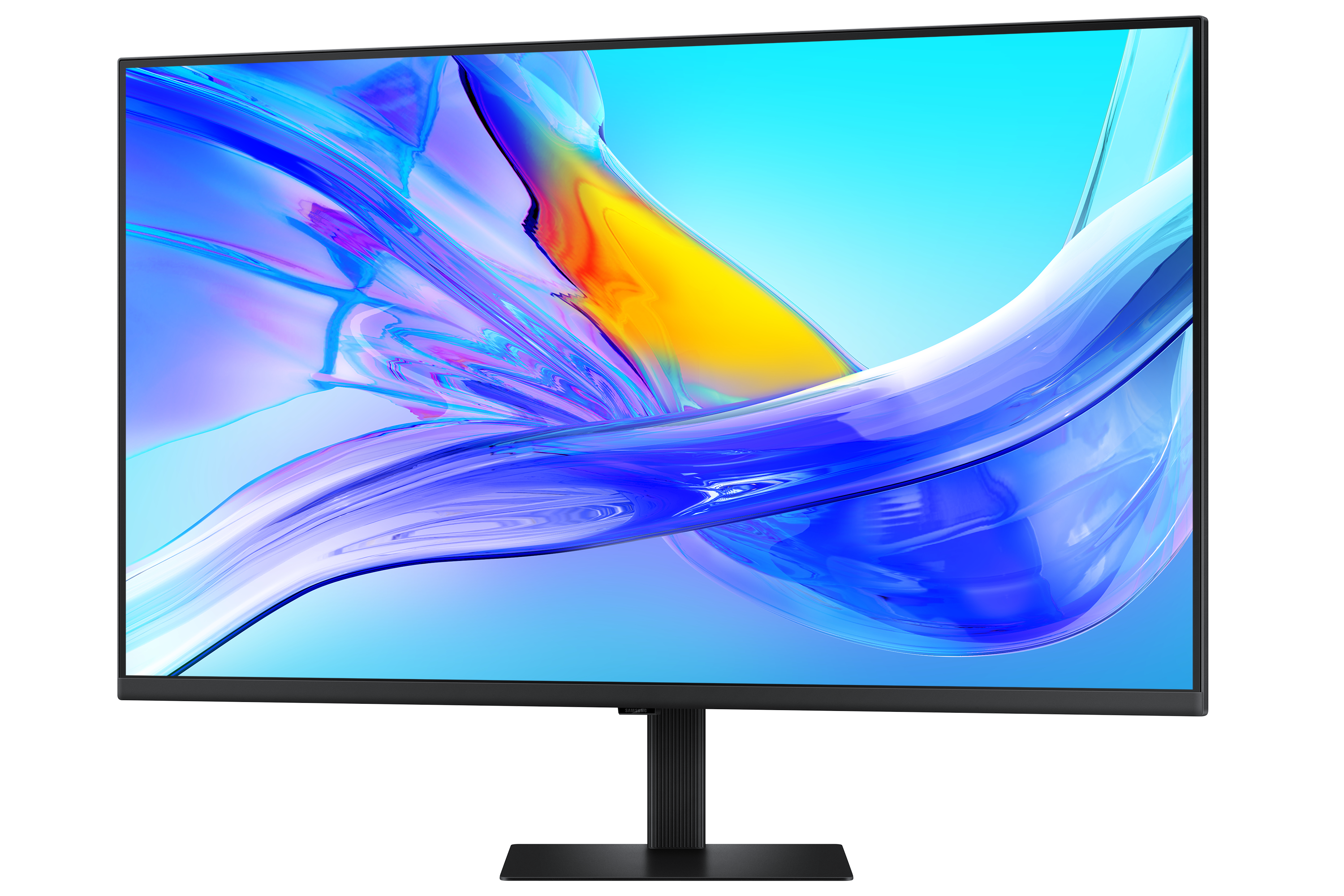 Ein Computermonitor zeigt ein farbenfrohes abstraktes Design mit blauen, lila, gelben und weißen fließenden Formen auf schwarzem Grund.
