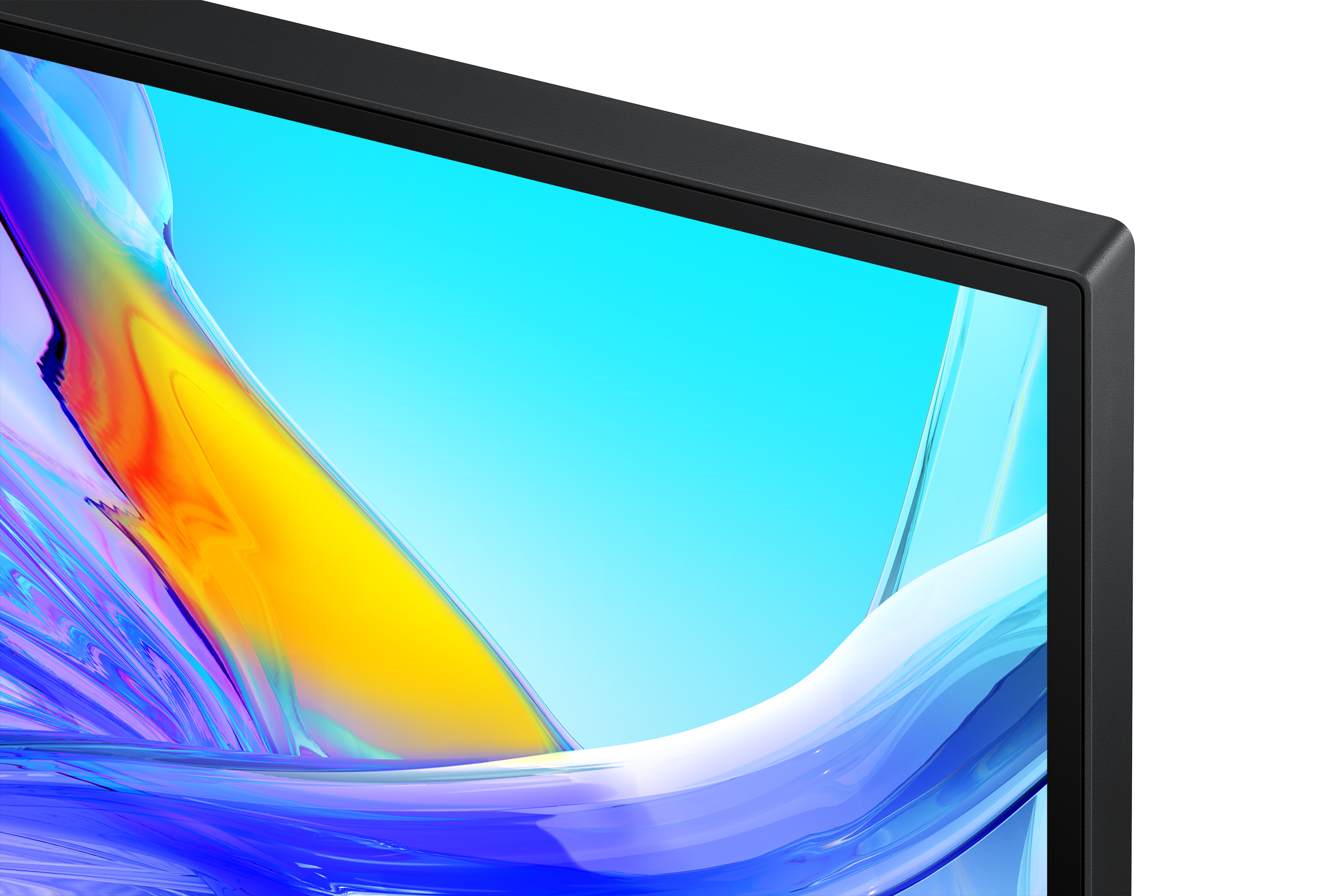 Nahaufnahme eines Monitors mit farbenfrohem, abstraktem Hintergrund, Blau-, Gelb- und Orangetönen.