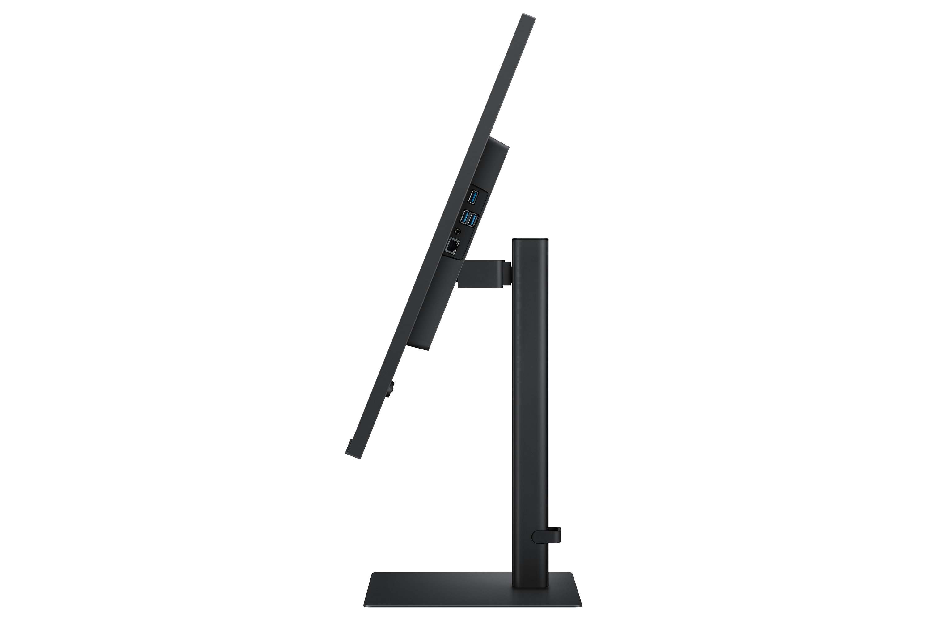 Seitenansicht eines schwarzen Computermonitors. Er hat einen Ständer und Anschlüsse, vor schwarzem Hintergrund.