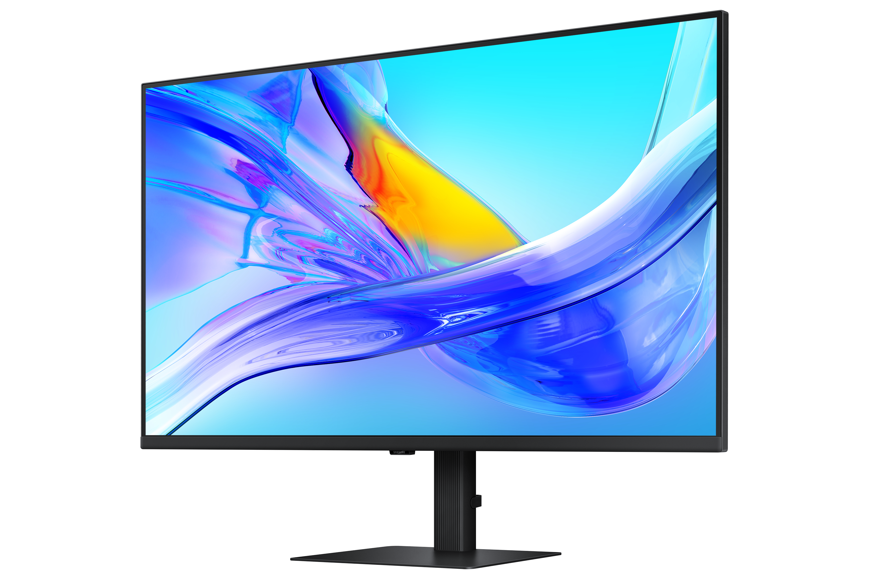 Ein schwarzer Computermonitor zeigt ein farbenfrohes abstraktes Design in Blau, Gelb und Lila vor schwarzem Hintergrund.