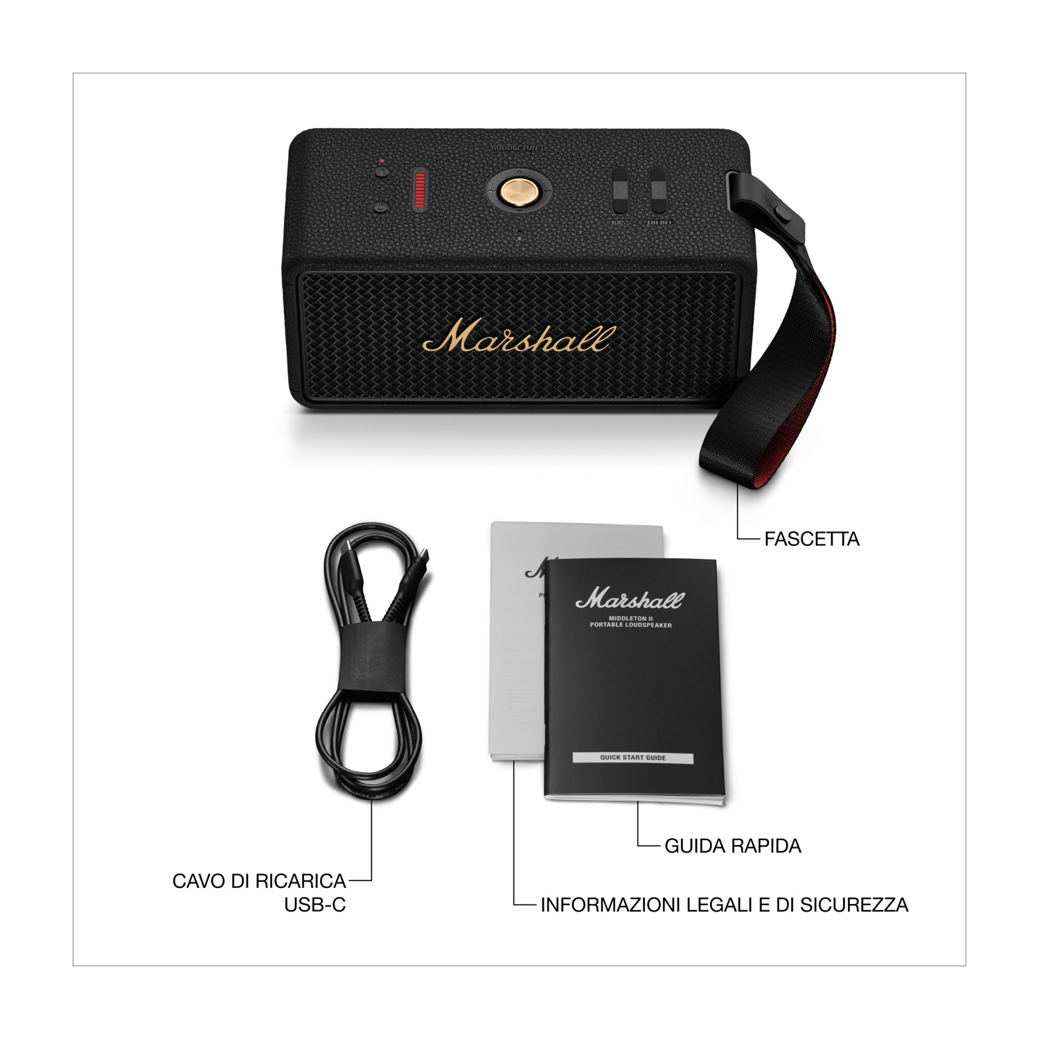 Un altoparlante Marshall nero con cinturino, cavo USB-C e manuali. L'altoparlante ha un logo dorato e pulsanti di controllo.