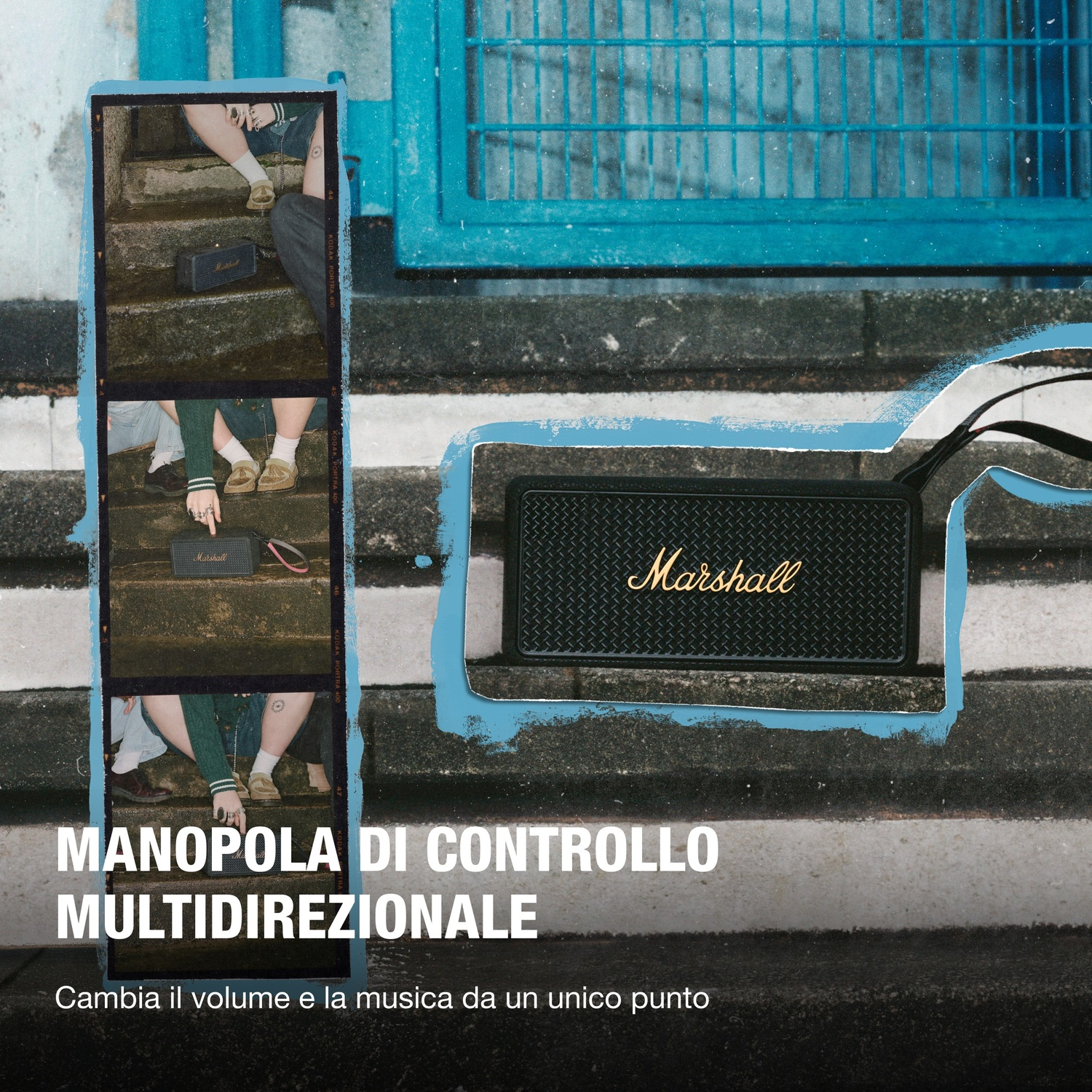Un altoparlante nero Marshall su gradini, gambe di persone visibili. Testo: 'MULTIDIREZIONALE' e 'Cambia il volume'.