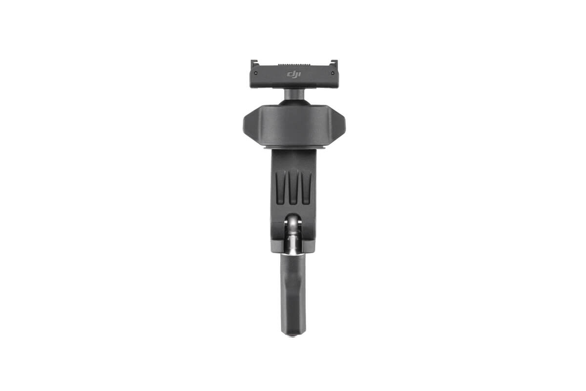 Gri bir DJI Osmo cep telefonu sabitleyici. Bir telefon tutucu, bir tutamak ve ayarlanabilir parçaları var.