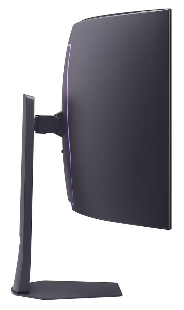 Widok z boku zakrzywionego czarnego monitora z fioletowym paskiem świetlnym. Ma czarną podstawę i białe tło.