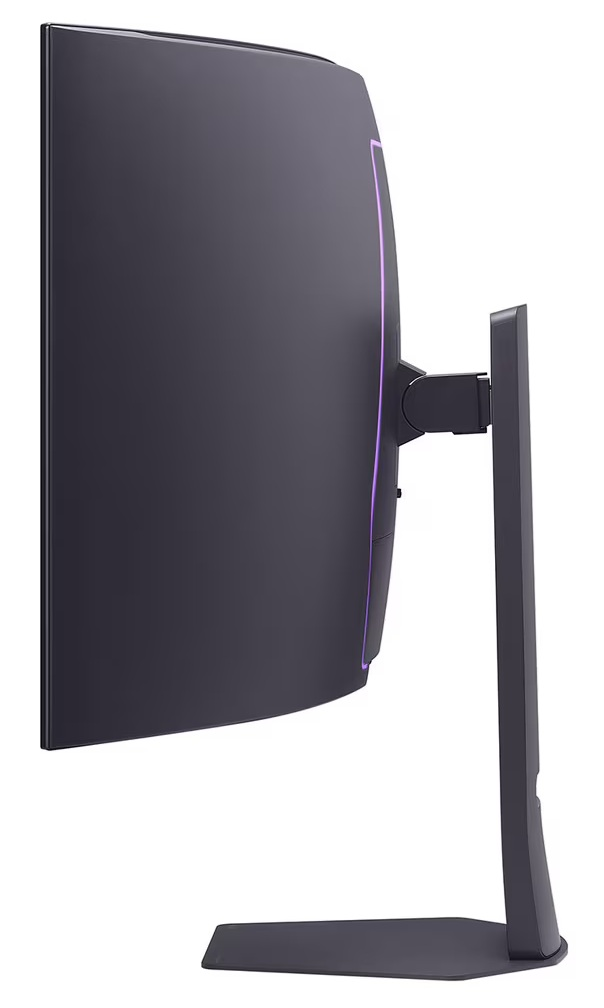 Zakrzywiony czarny monitor komputera, widok z boku. Ma podstawę i cienkie, świecące fioletowe światło wzdłuż krawędzi.