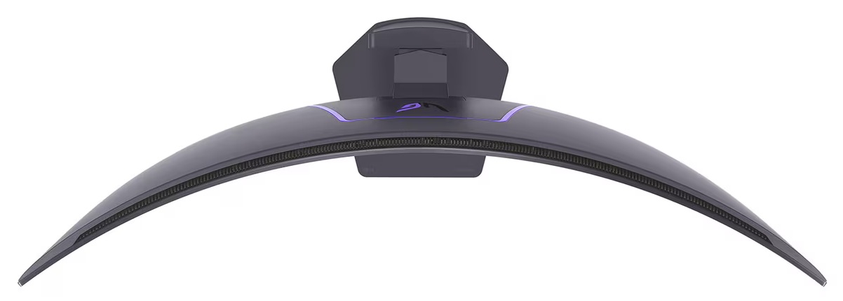 Zakrzywiony monitor komputerowy, ciemnoszary, z fioletowymi akcentami świetlnymi. Tył ma podstawkę.