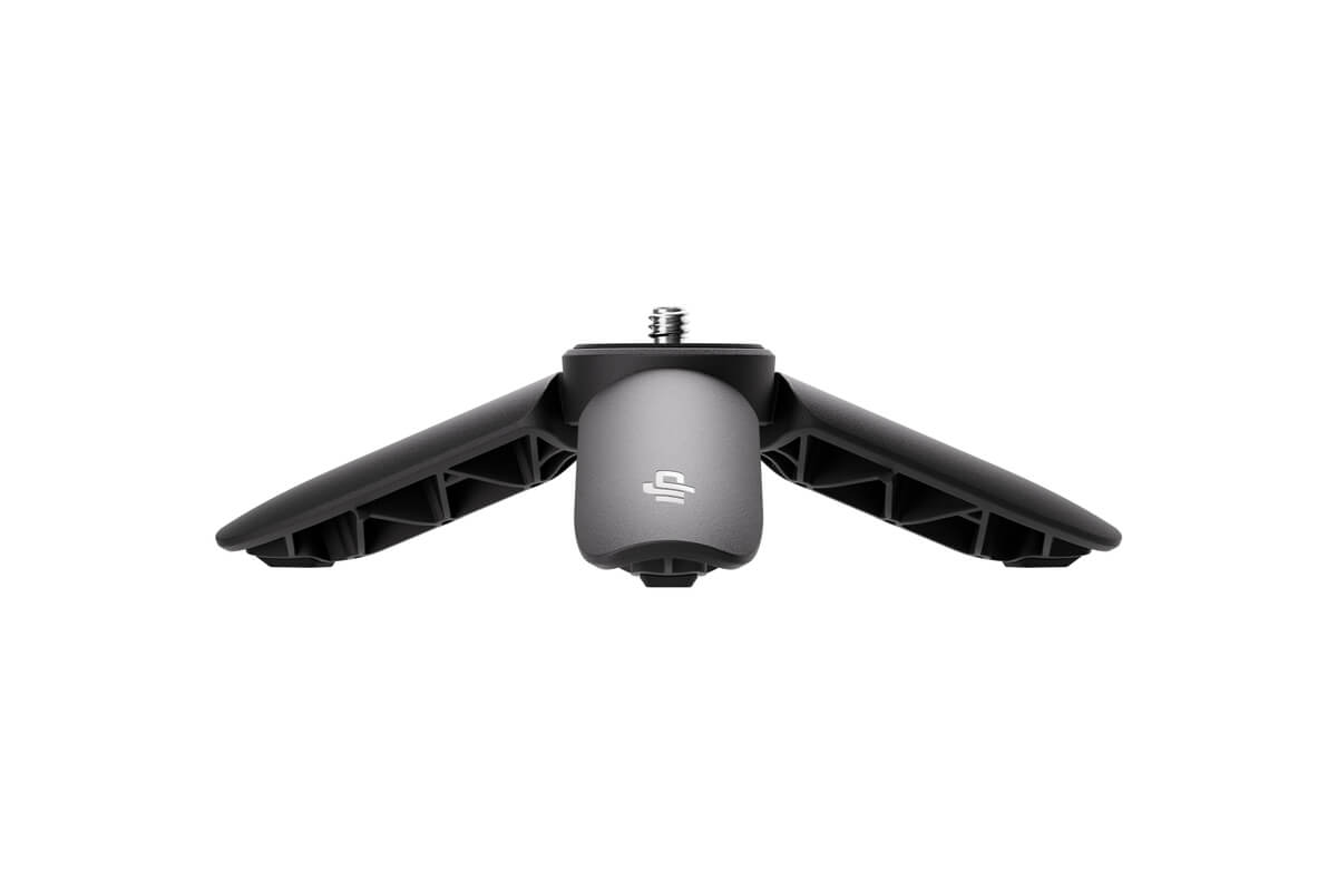 Üç bacaklı küçük, siyah bir tripod ve gri bir merkezi sütun. Arka plan düz beyazdır.
